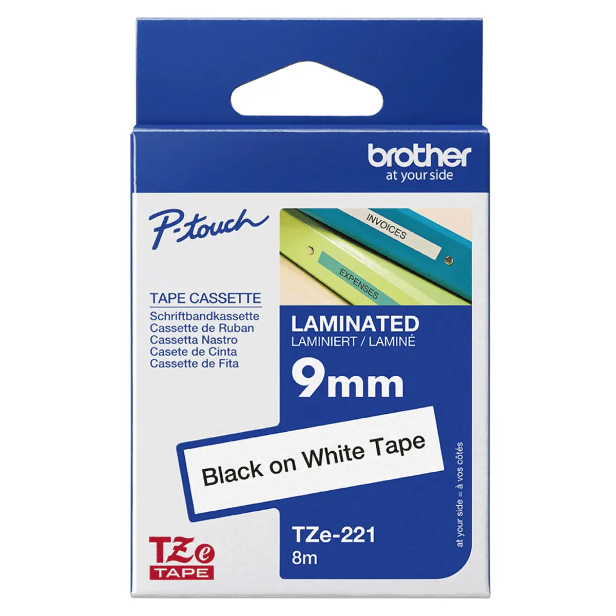 Schriftband TZe-221 schwarz auf weiß 9mmx8m laminiert