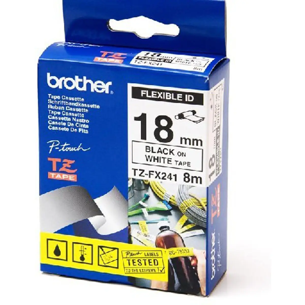 Schriftband TZeFX241 Flexitape schwarz auf weiß Rolle (1,8cmx8m) für P-Touch
