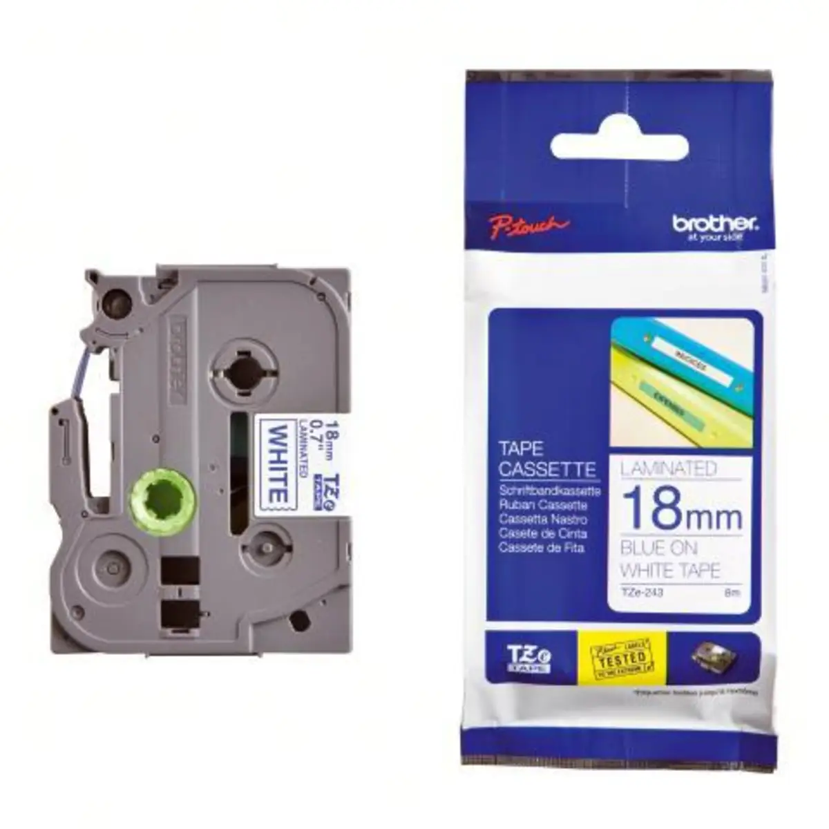 Schriftband TZE-243 18mmx8m blau auf weiß