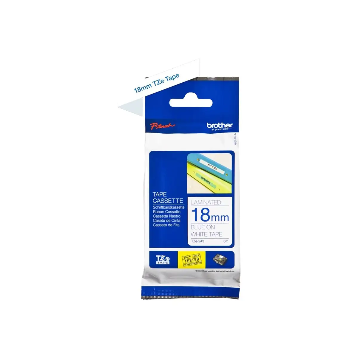 Schriftband TZE-243 18mmx8m blau auf weiß