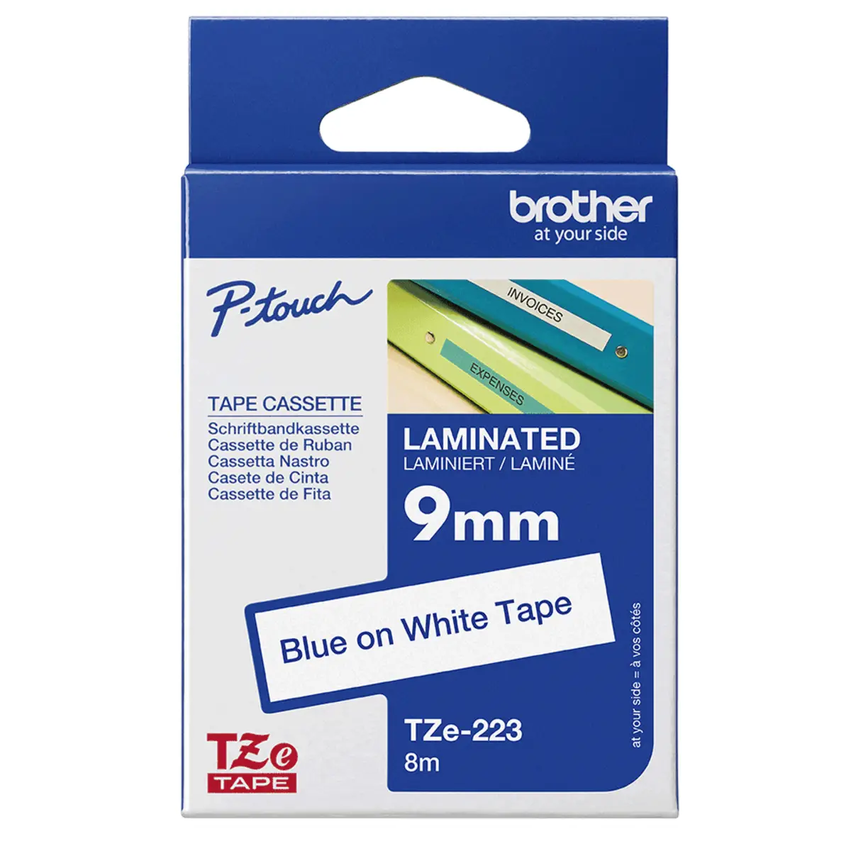 TZE223 Schriftbandkassette blau auf weiß für P-Touch GL-H105, PT-1000, 1010, 1080, 1090, 1280, 1290, 2030, 2470, 2730, 9700, 9800, H75