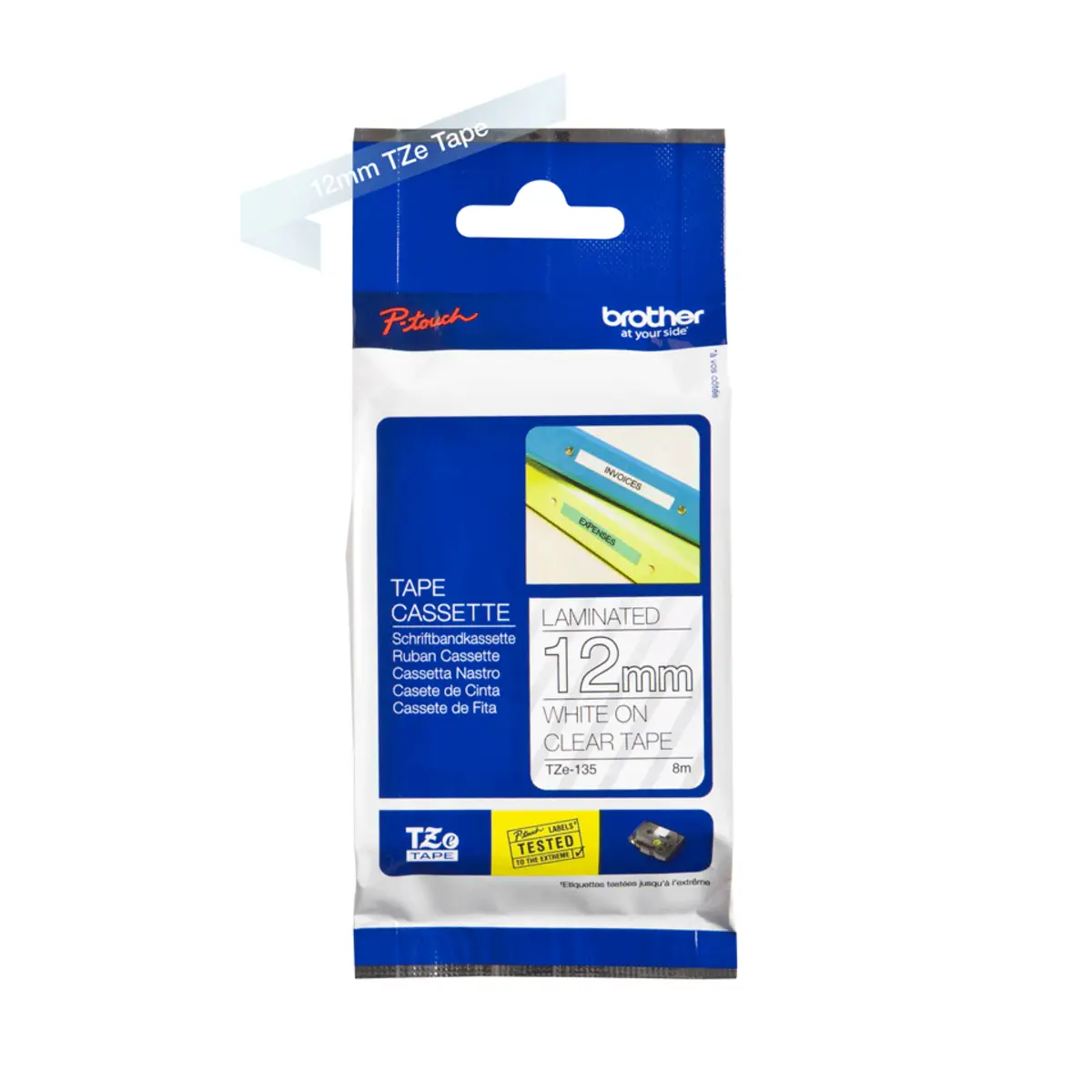 Schriftband TZE135 12mmx8m weiß auf transparent