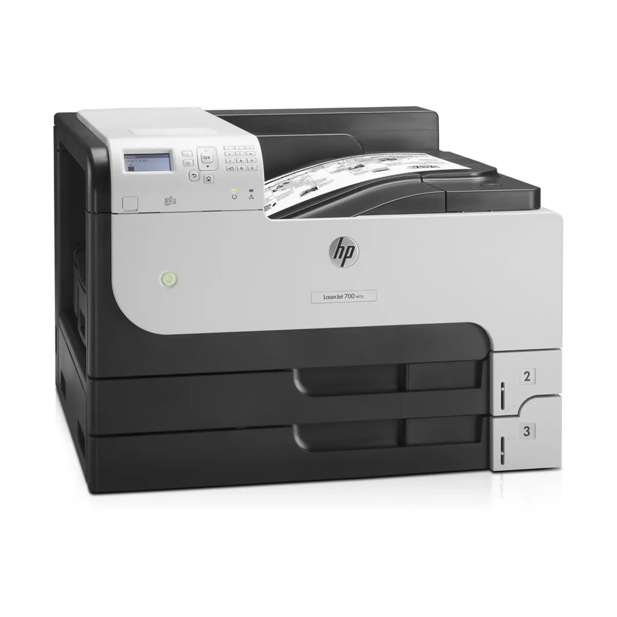Laserjet Enterprise 700 M712dn, A3, Laser printer, 41ppm b/w, 1200dpi, USB/Gigabit Ethernet, Duplex, 800MHz Processor, 512MB RAM, 600 Sheet paper feeder, Windows XP/2003 Server/2008 Server/Vista/7/8, Mac OS