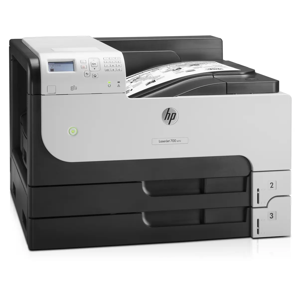 Laserjet Enterprise 700 M712dn, A3, Laser printer, 41ppm b/w, 1200dpi, USB/Gigabit Ethernet, Duplex, 800MHz Processor, 512MB RAM, 600 Sheet paper feeder, Windows XP/2003 Server/2008 Server/Vista/7/8, Mac OS