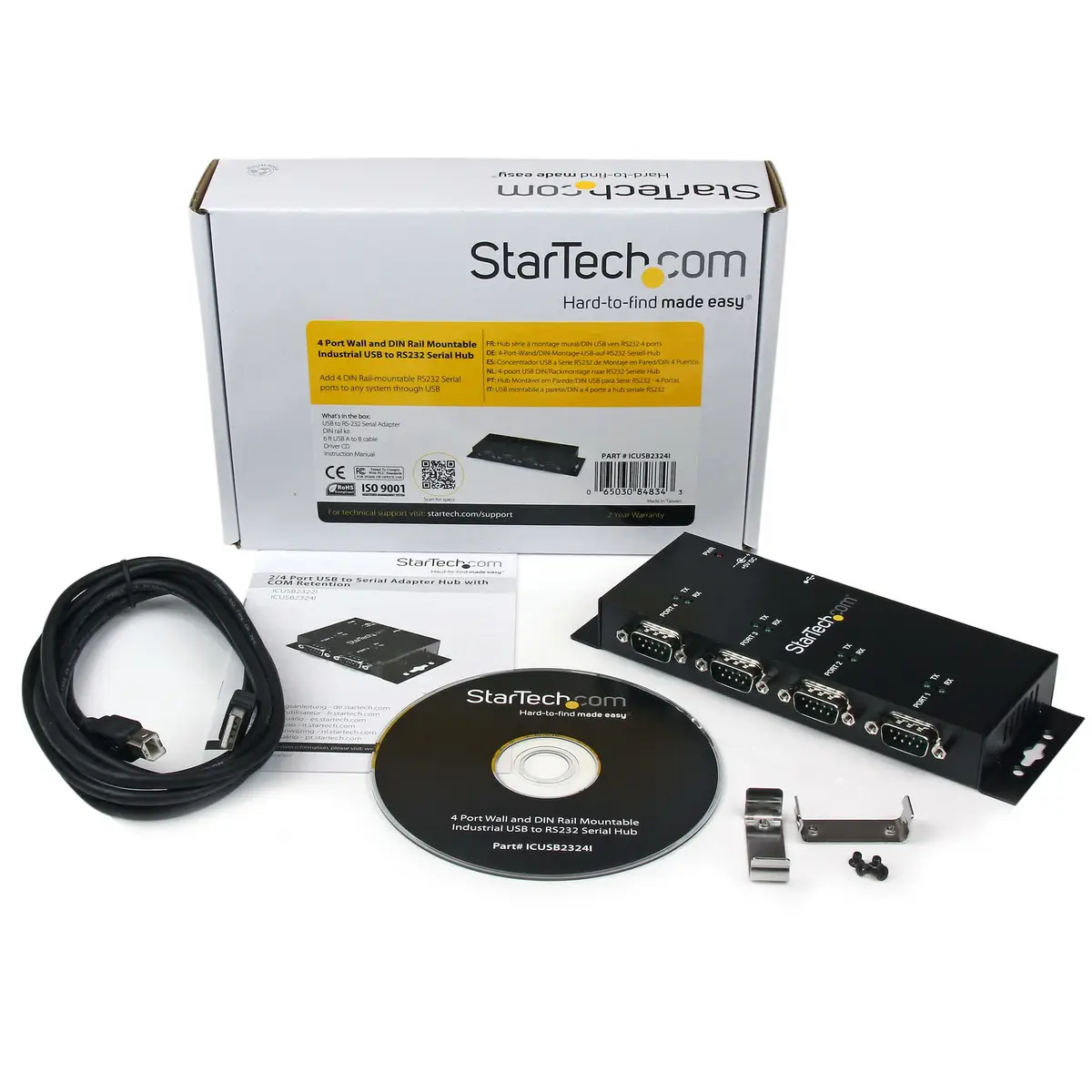 4 Port USB auf Seriell Adapter Hub DIN-Schienen/Wandmontagefähig USB/4xDB-9 Schwarz