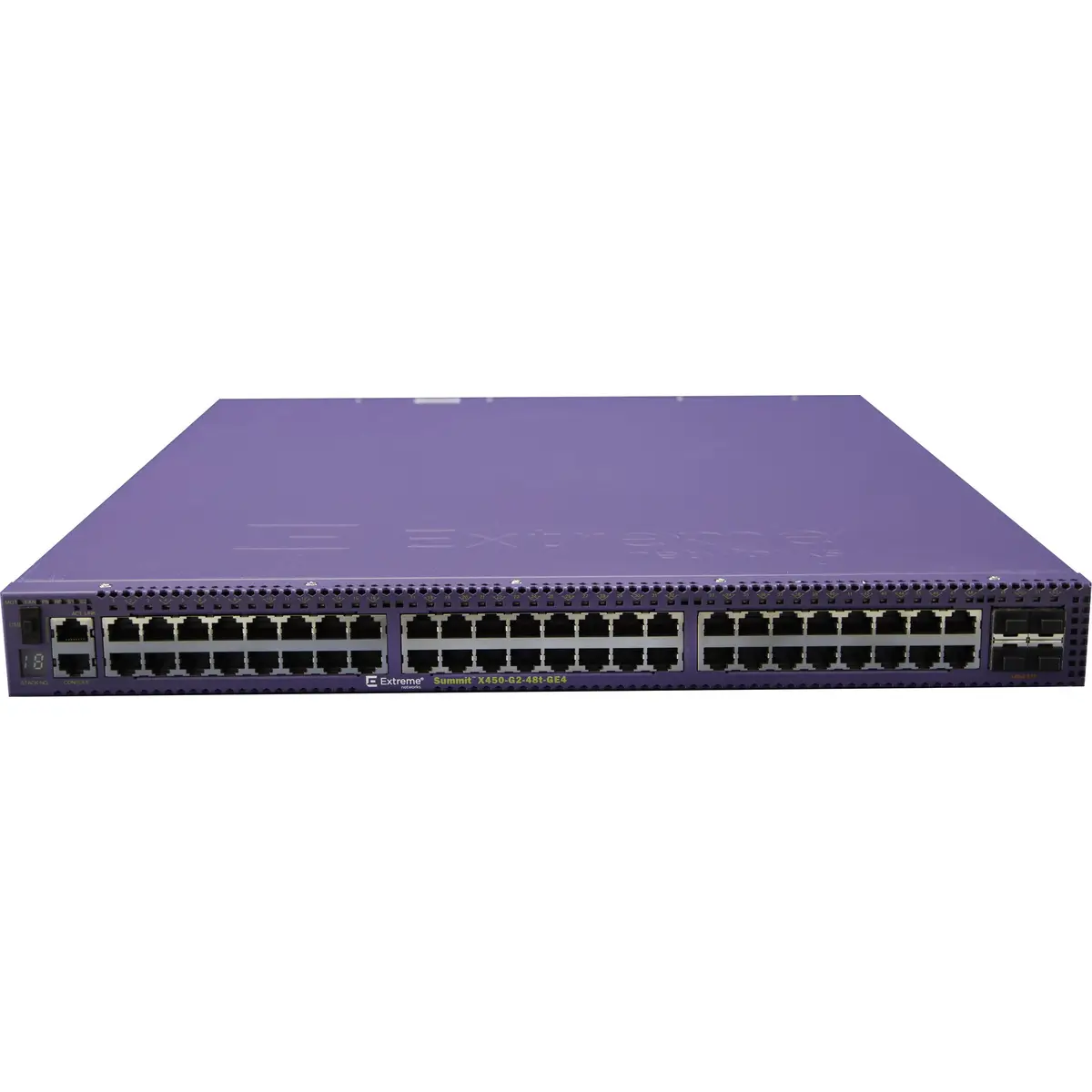 Summit X450-G2 48 10/100/1000BASE-T 4 1000BASE-X unpopulated SFP two 21Gb stacking ports (QSFP) 1 Fixed AC PSU 1 RPS port fan module slot (unpopulated) ExtremeXOS Edge license w Policy