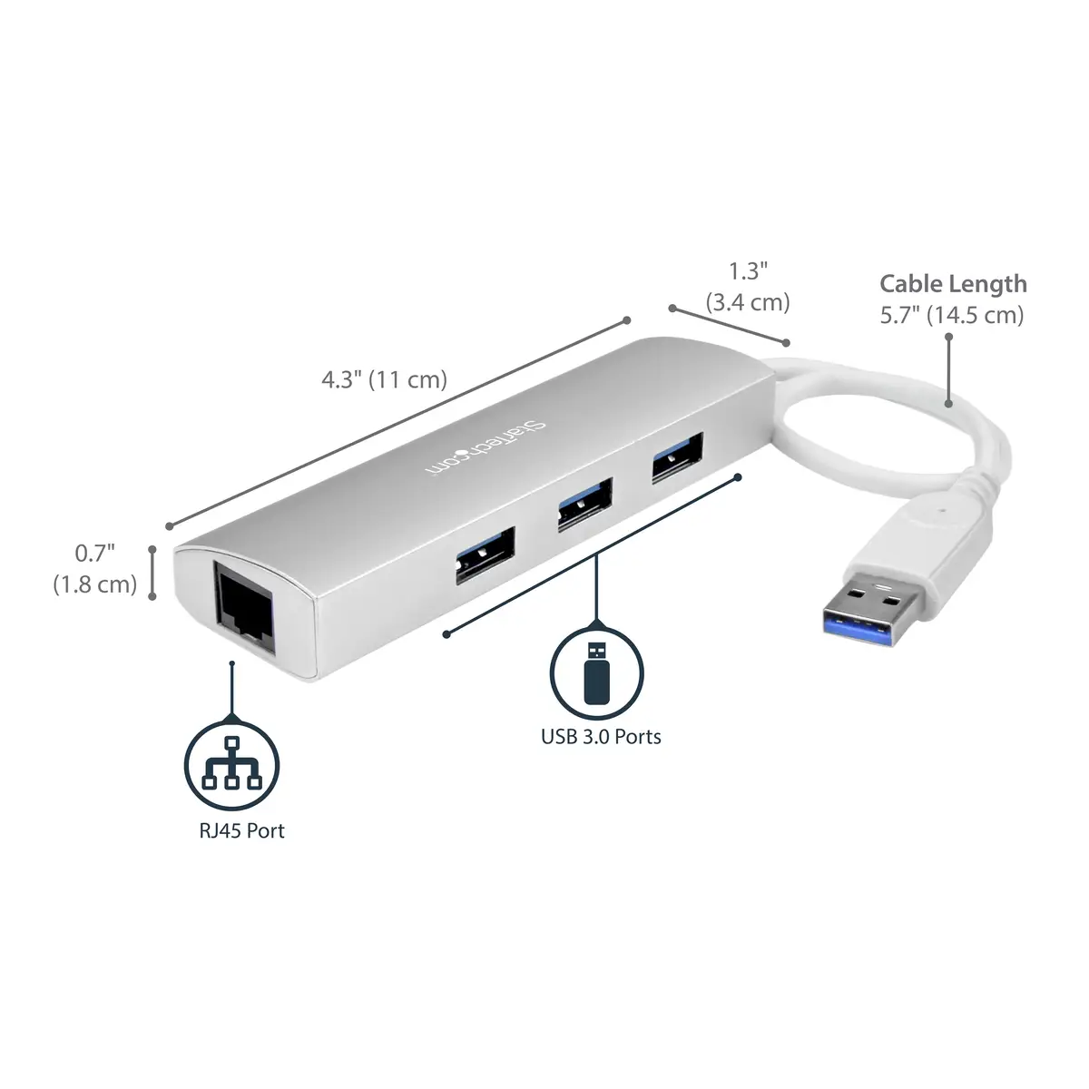 3-Port Portable USB 3.0 HUb mit GbE weiß/silber