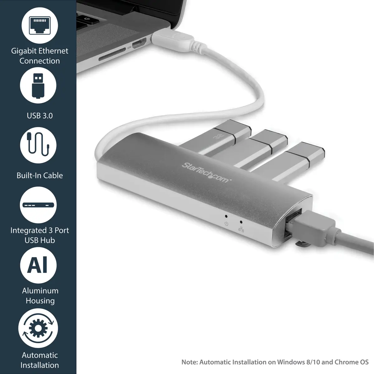 3-Port Portable USB 3.0 HUb mit GbE weiß/silber