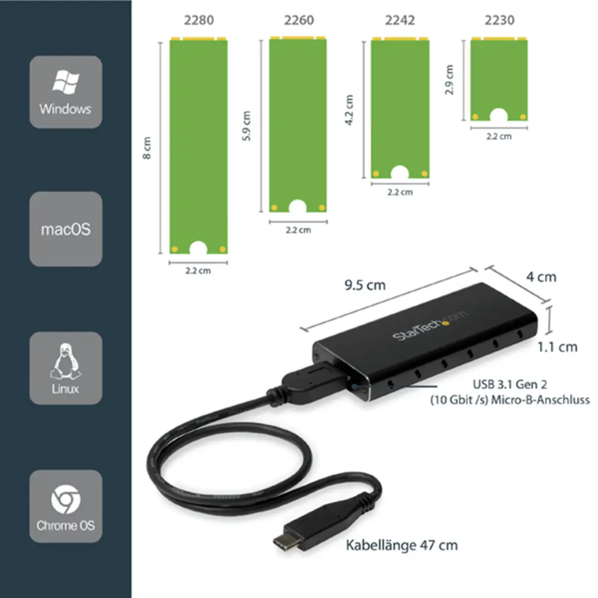 Festplattengehäuse M.2 SSD/NGFF/SATA/USB 3.1 (10Gbit/s) mit USB-C Kabel