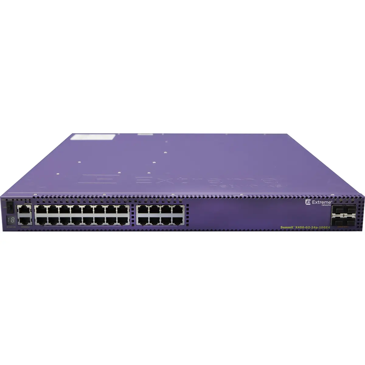 Summit X450-G2 24 10/100/1000BASE-T POE+ 4 10GBASE-X unpopulated SFP+ two 21Gb stacking ports) 2 unpopulated power supply slots fan module slot (unpopulated) ExtremeXOS Edge license