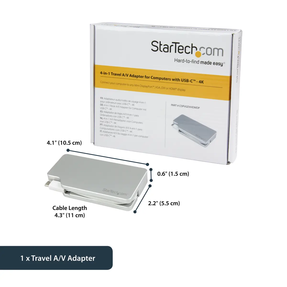 StarTech aluminum Reise A/V adaptor 4-in-1 USB-C to VGA/DVI/HDMI/mDP