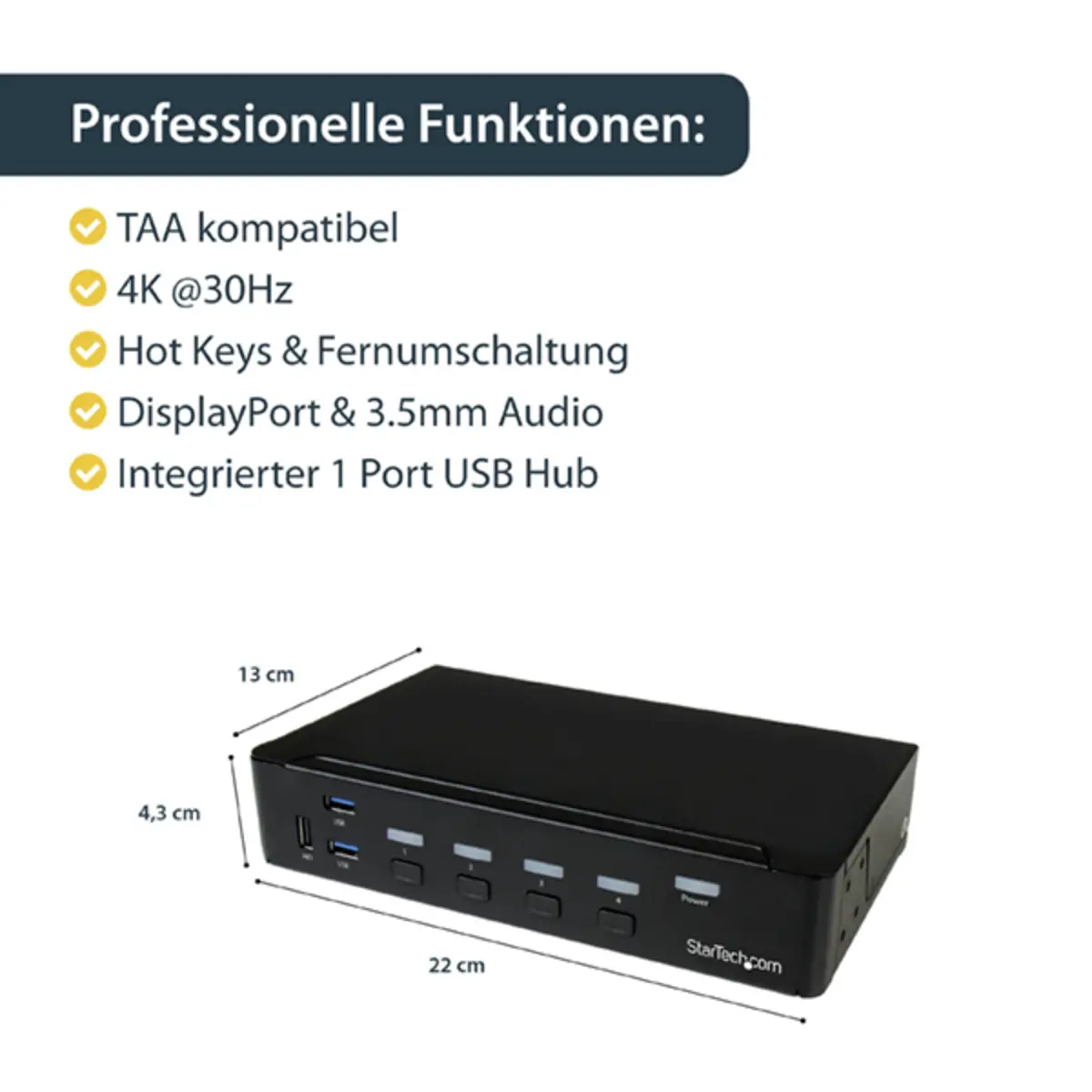 4 Port KVM Switch DisplayPort/USB 3.0 Hub 4K 30Hz