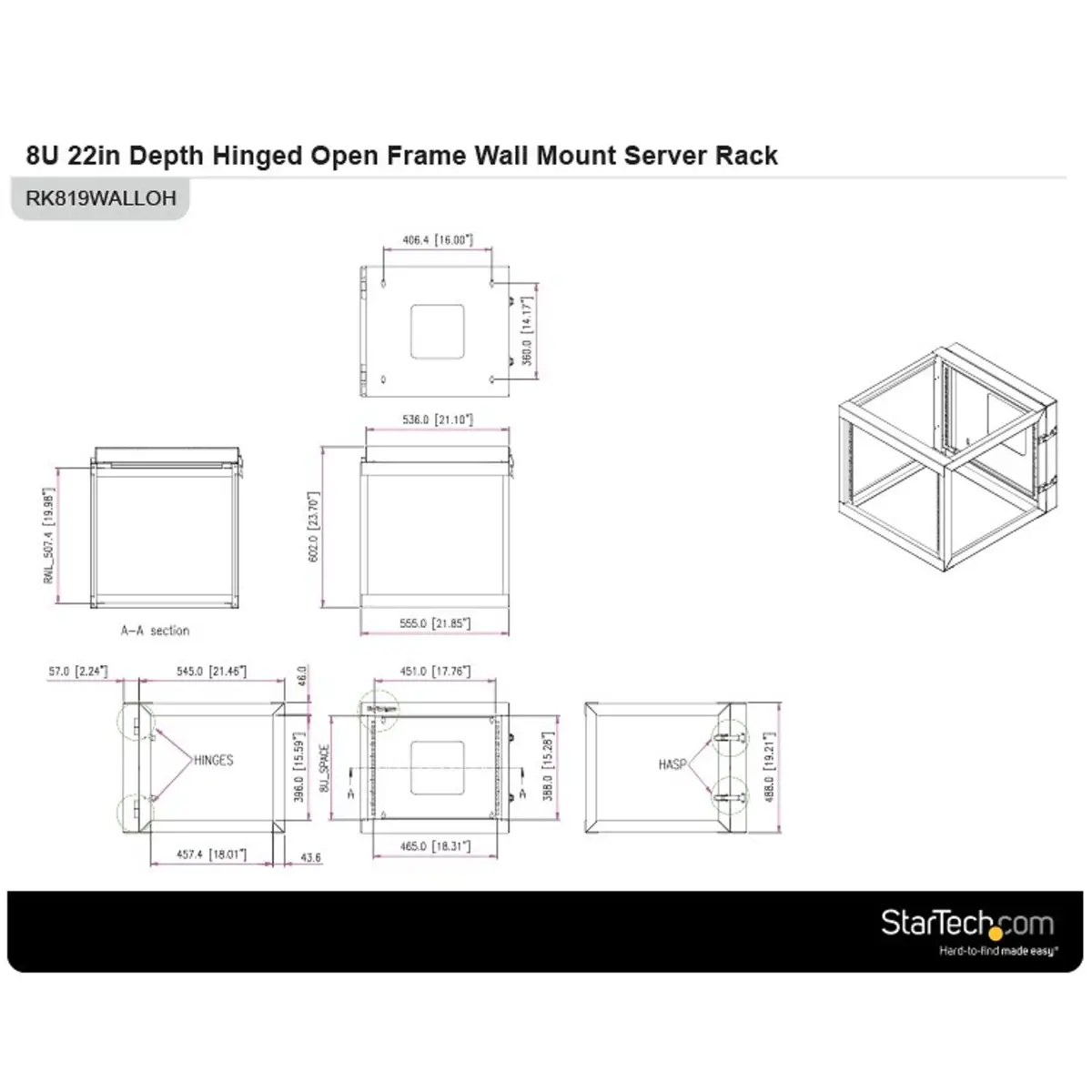 8U Hinged Open Frame Wall Mount Network Rack