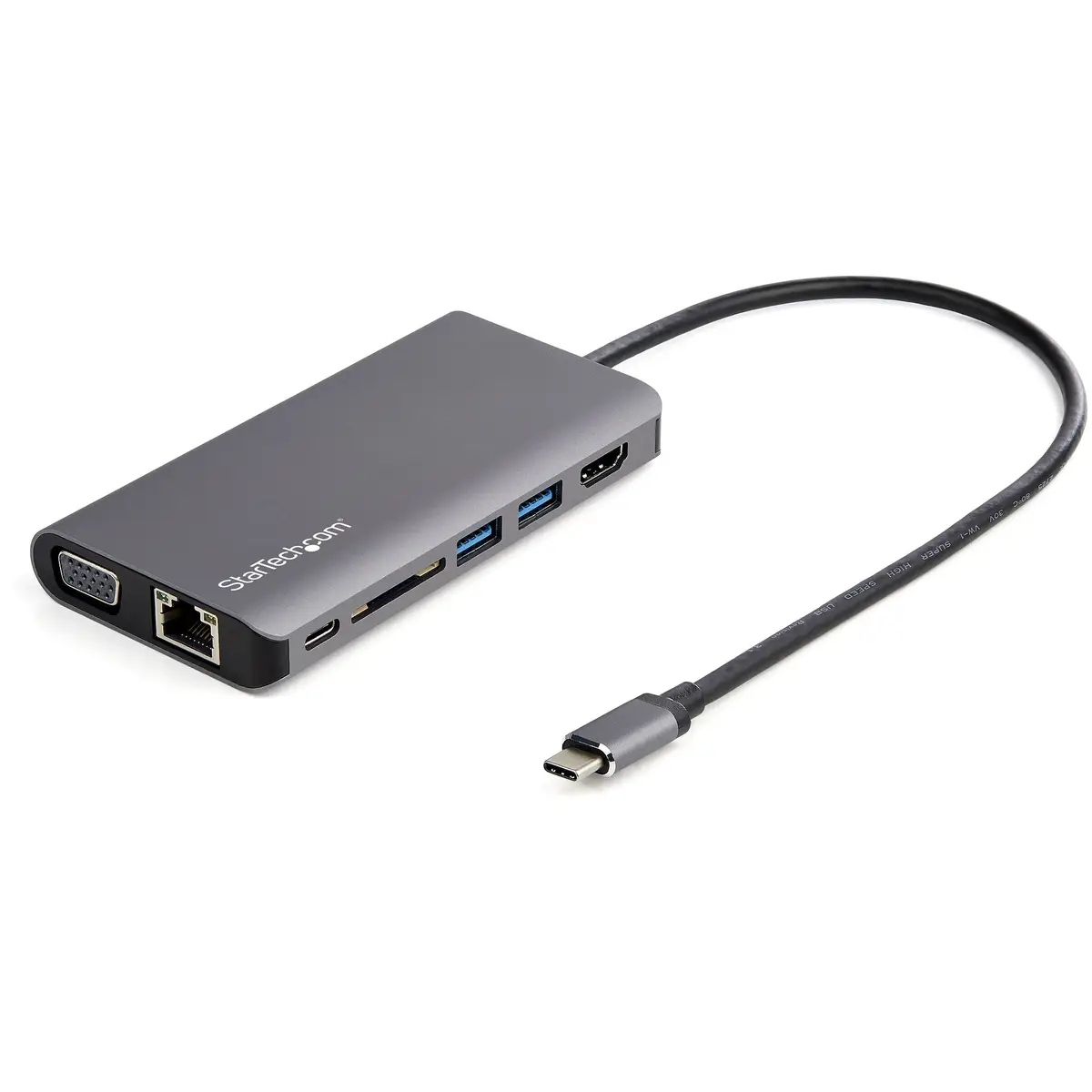USB-C-Multiport-Adapter mit HDMI oder VGA und längerem angeschlossenen Kabel