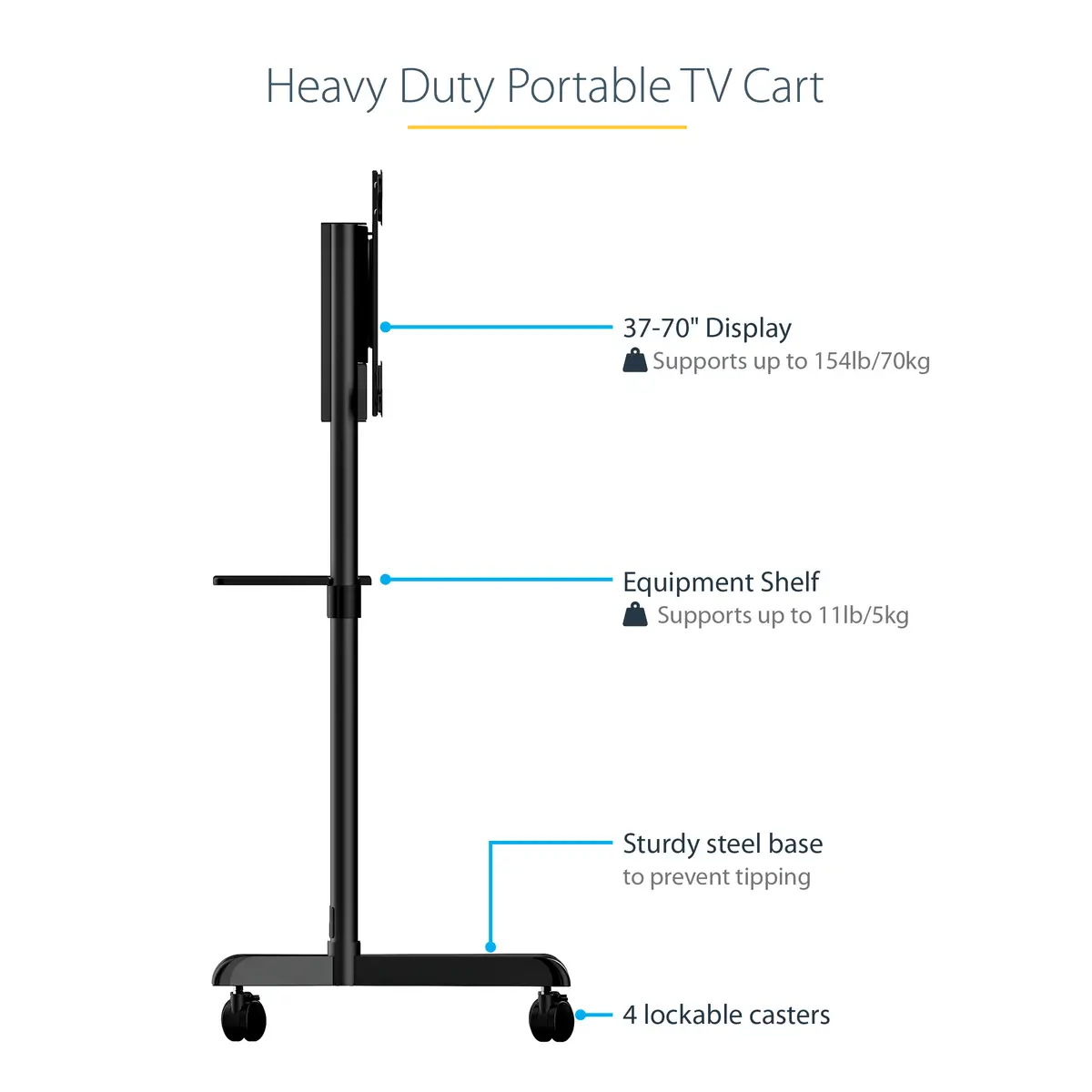StarTech Mobiler TV-Wagen Tragbarer rollender TV-Ständer für 93,98-177,8cm (37-70") mit Regal und Ablagefach