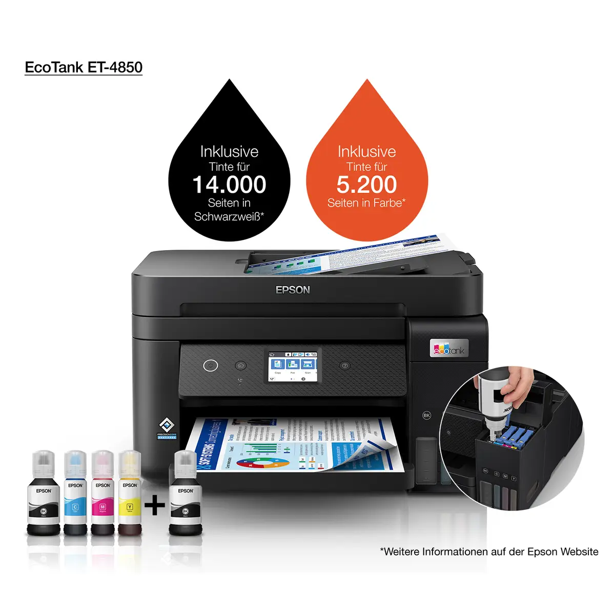 EcoTank ET-4850 A4 All-in-one Drucker/Scanner/Kopierer /Fax Farbtintenstrahldrucker Duplex,