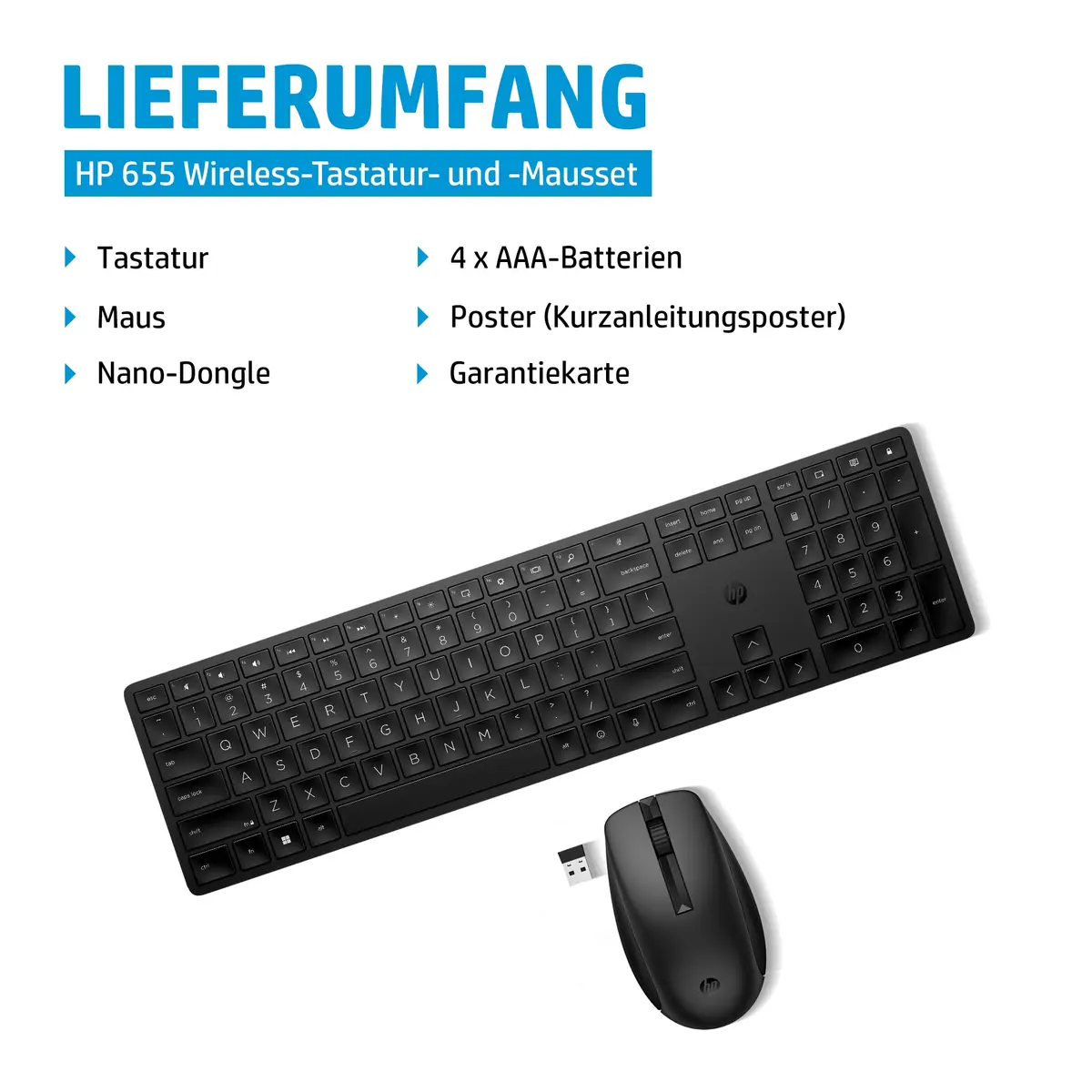 HP 655 Tastatur-und-Maus-Set kabellos Tastatur-Layout Deutsch Schwarz