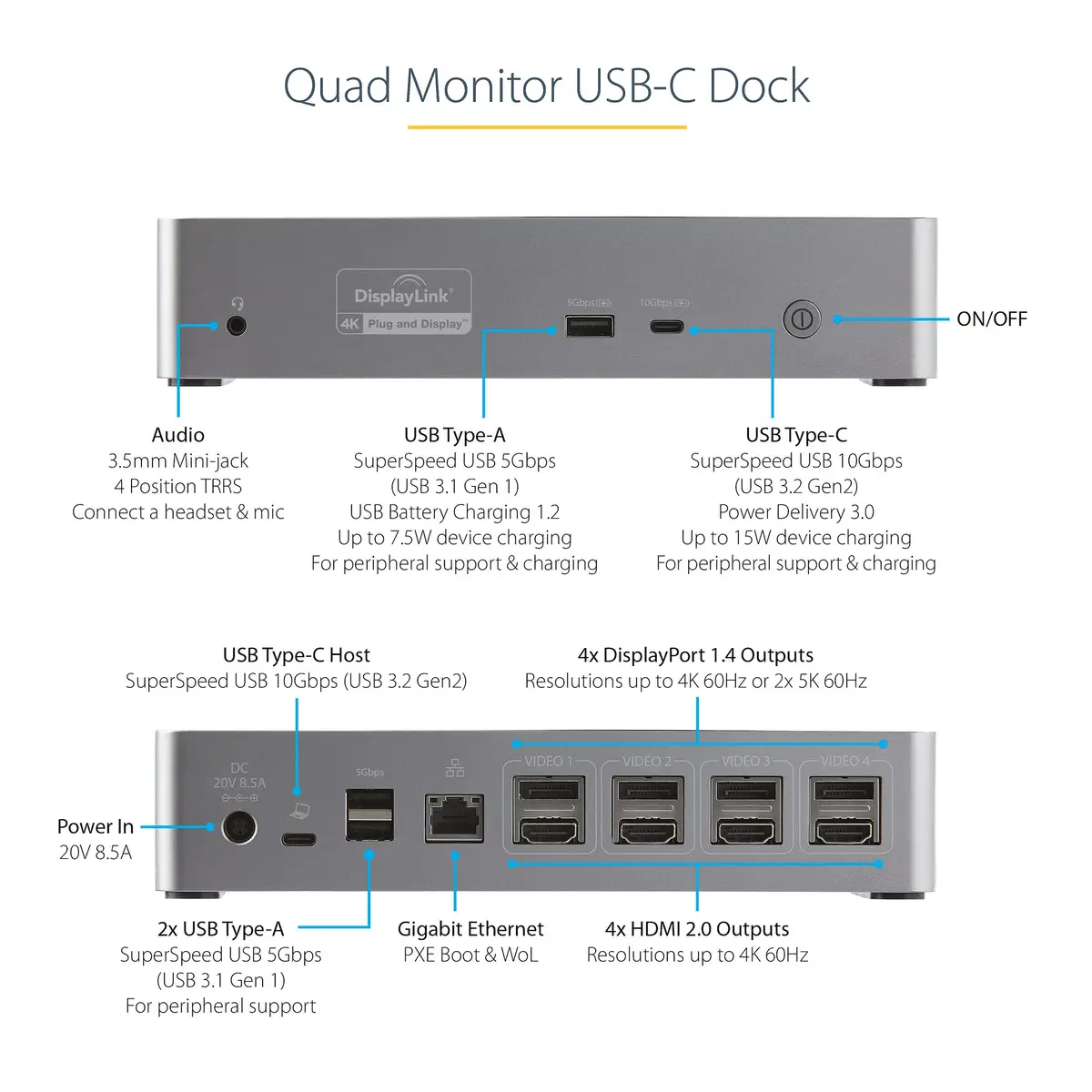 StarTech USB-C Dock 4K 60Hz Quad Monitor DisplayPort & HDMI