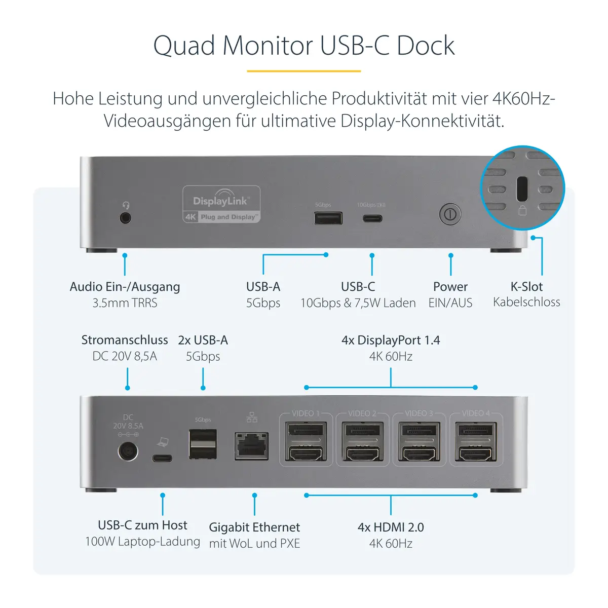 StarTech USB-C Dock 4K 60Hz Quad Monitor DisplayPort & HDMI