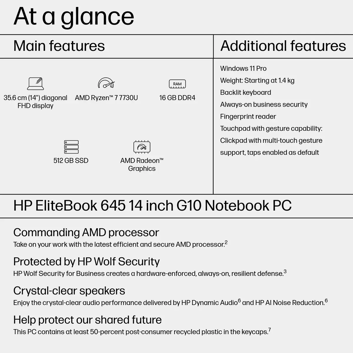 EliteBook 645 G10 180°-Scharnierdesign AMD Ryzen 7 7730U 2GHz Win11P Radeon Graphics 16 GB 512GB SSD NVMe 35,56cm 14"