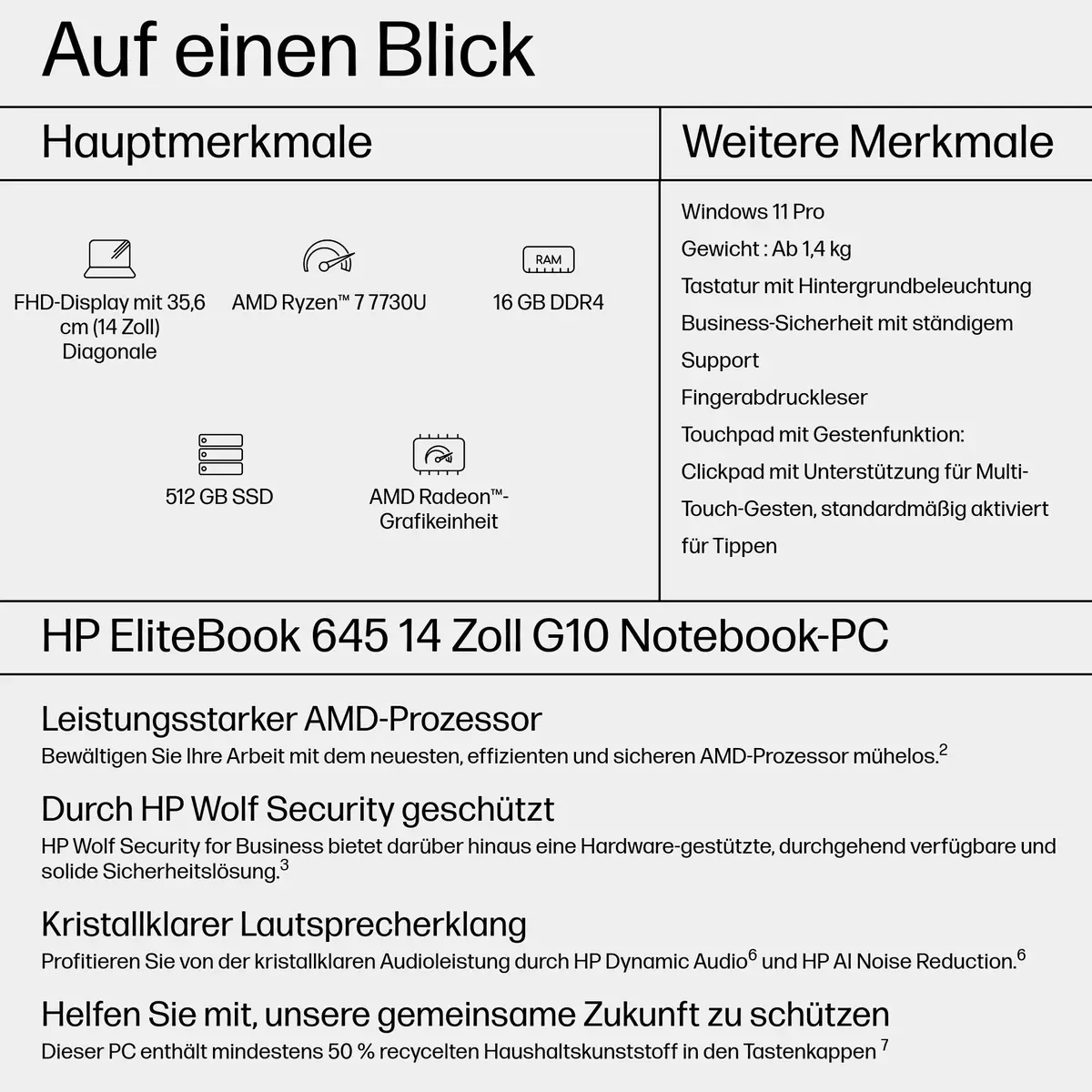 EliteBook 645 G10 180°-Scharnierdesign AMD Ryzen 7 7730U 2GHz Win11P Radeon Graphics 16 GB 512GB SSD NVMe 35,56cm 14"
