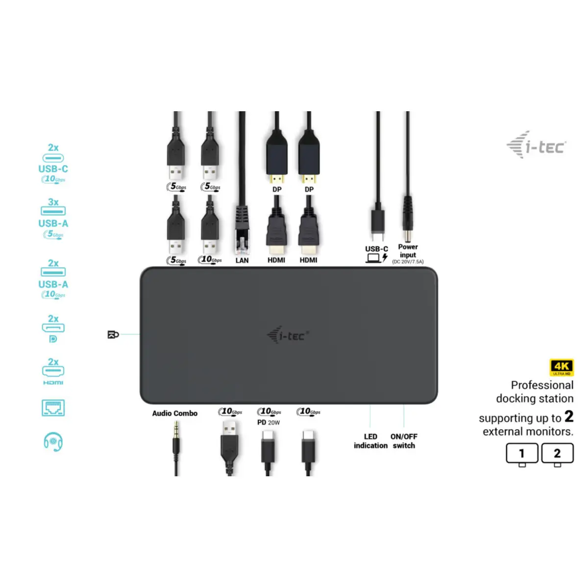 I-TEC USB 3.0 USB-C Thunderbolt 3 Professional Dual 4K Display Docking Station Generation 2 + Power Delivery 100W