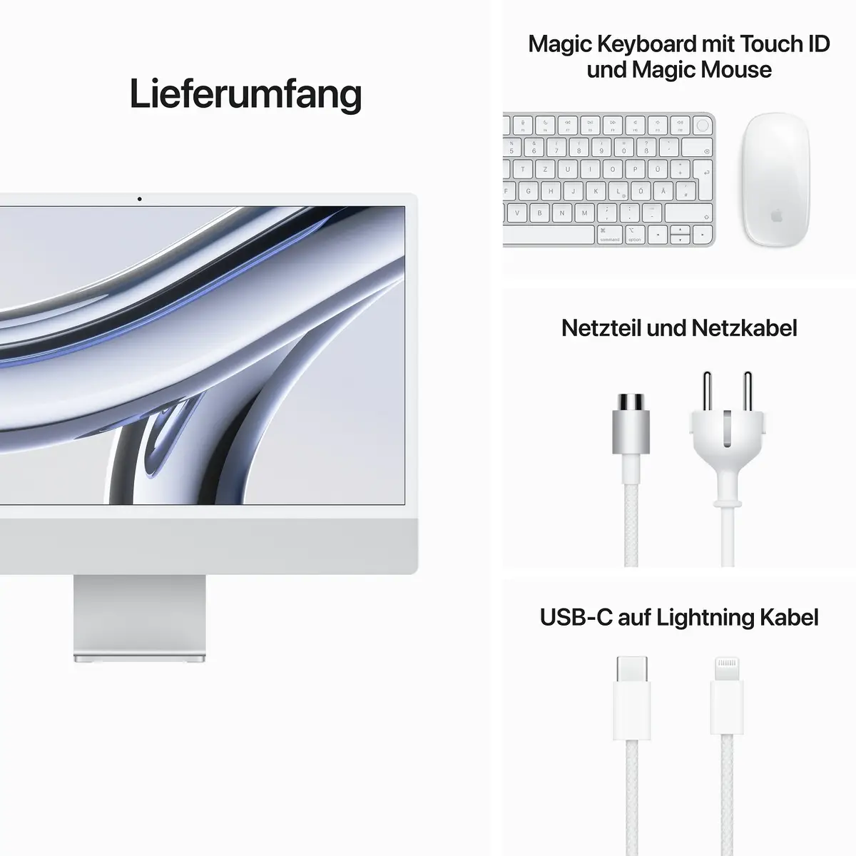 iMac silber mit Retina 4.5k Display Apple M3 8C 61cm (24") 16 GB RAM 1 TB SSD 10-Core GPU Gigabit Ethernet Magic Mouse, Magic Keyboard mit Touch ID und Ziffernblock