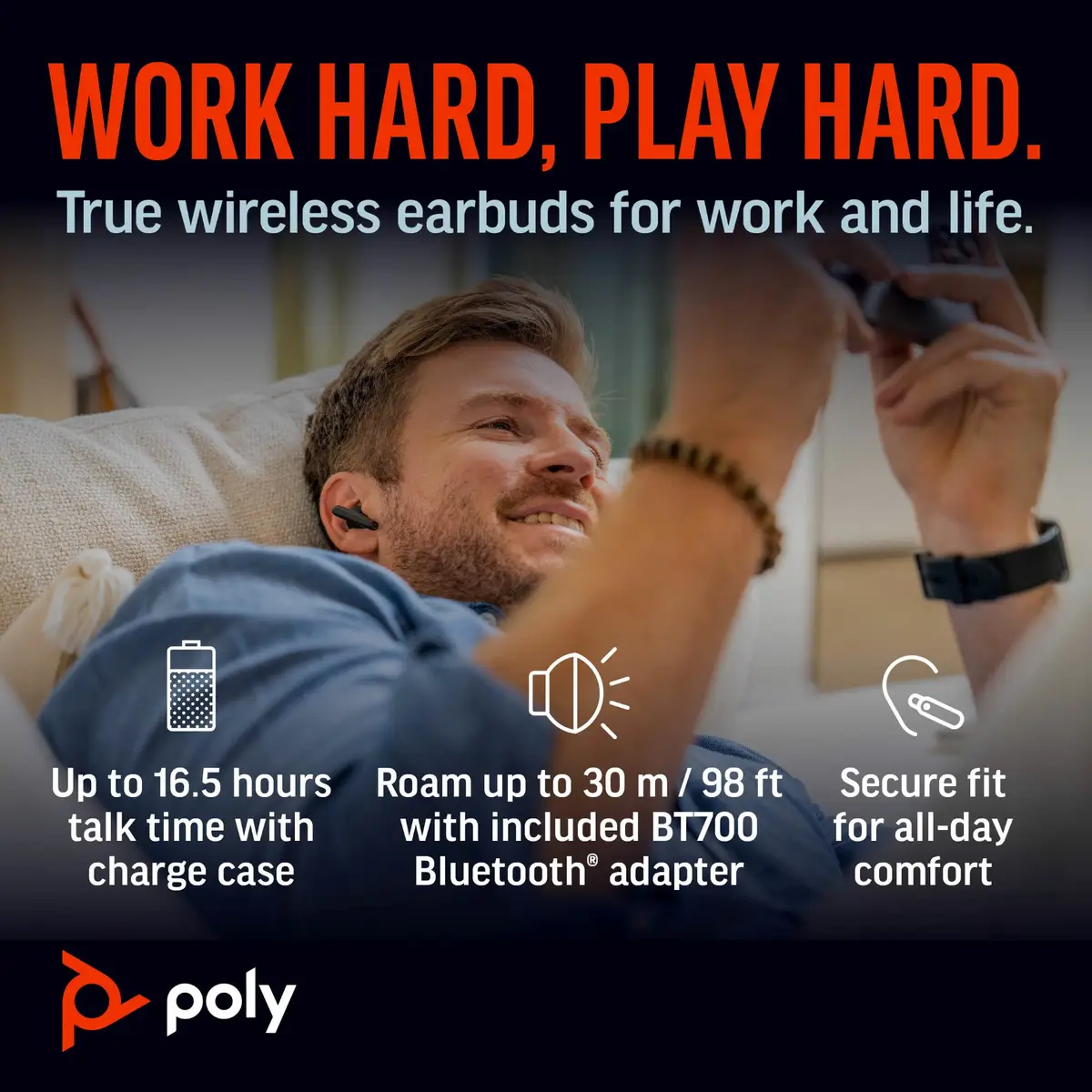 Poly Voyager Free 60 True Wireless-Kopfhörer mit Mikrofon im Ohr Bluetooth aktive Rauschunterdrückung Carbon Black