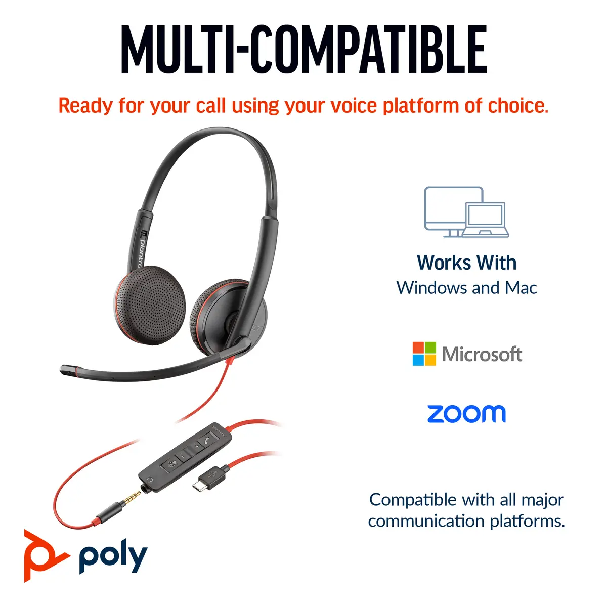 Poly Blackwire 3225 USB-C Headset +3.5mmP +USB-C/A