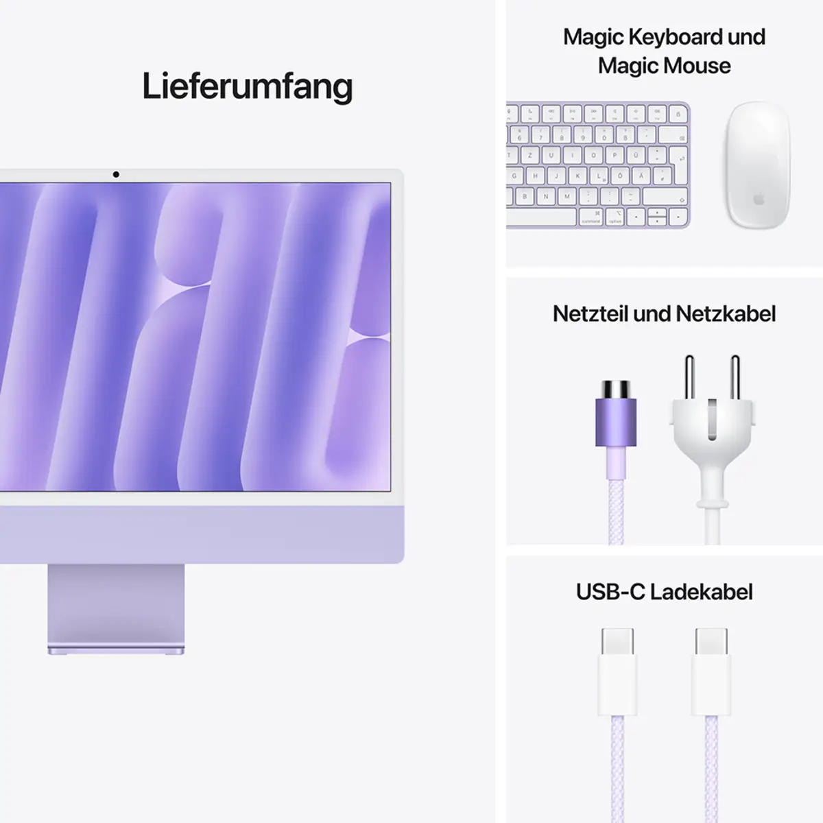 iMac violett mit Retina 4.5k Display Nanotexturglas Apple M4 10C 61cm (24") 24GB RAM 2TB SSD Gigabit Ethernet Magic Mouse 2 + Magic Keyboard mit TouchID und Ziffernblock Deutsch