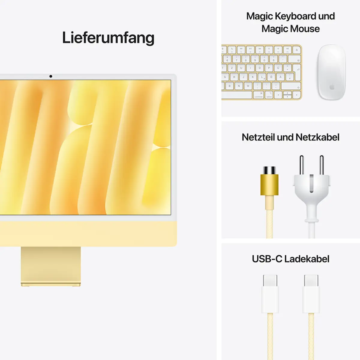 iMac gelb mit Retina 4.5k Display Standardglas Apple M4 10C 61cm (24") 16GB RAM 256GB SSD Gigabit Ethernet Magic Mouse 2 + Magic Keyboard mit TouchID und Ziffernblock Deutsch