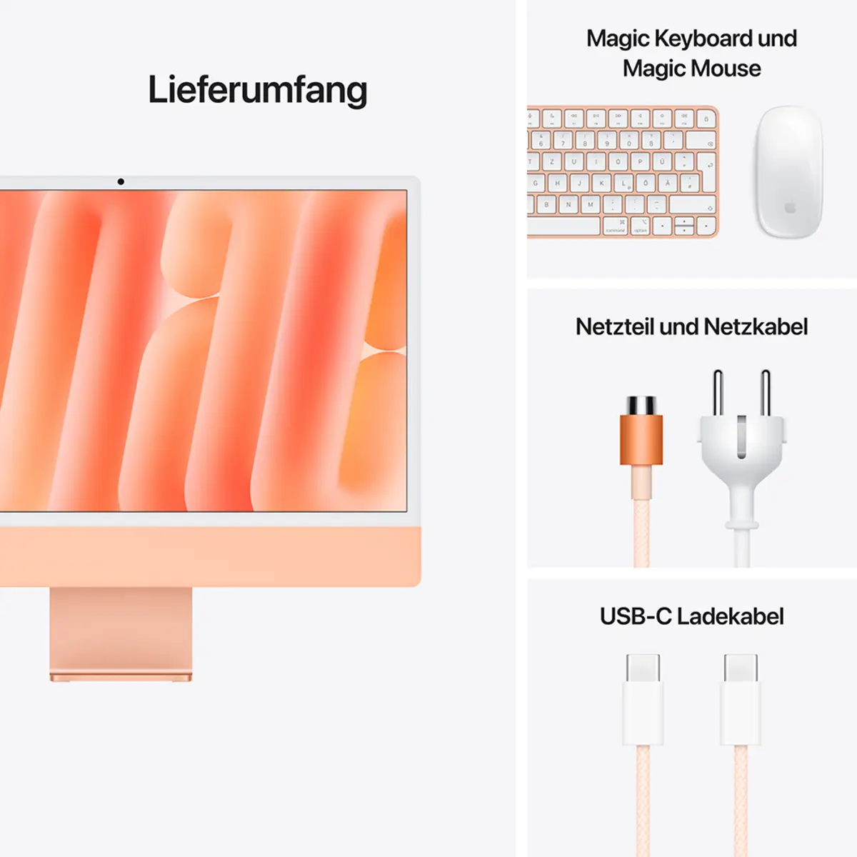 iMac orange mit Retina 4.5k Display Standardglas Apple M4 10C 61cm (24") 16GB RAM 256GB SSD Gigabit Ethernet Magic Mouse 2 + Magic Keyboard mit TouchID und Ziffernblock Deutsch