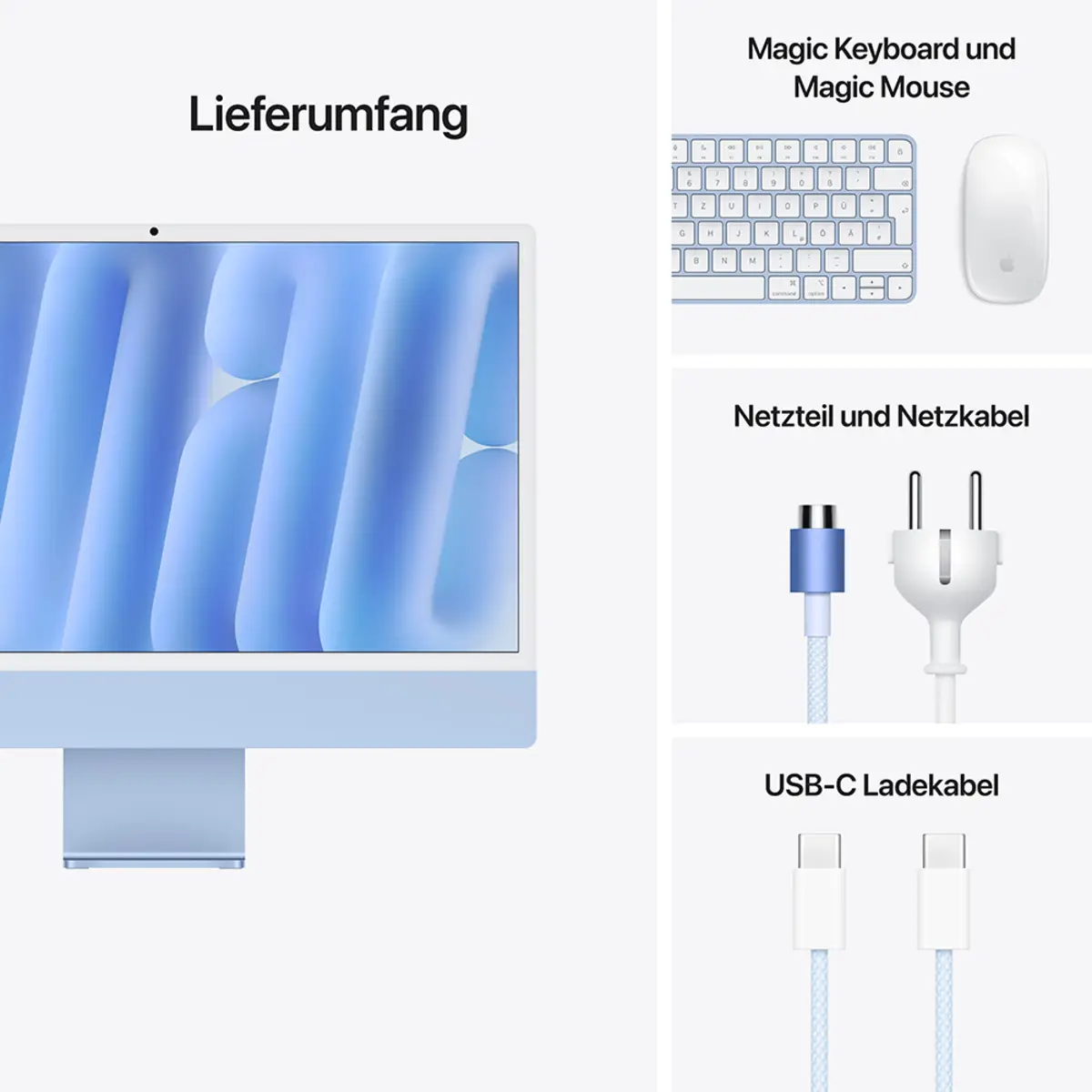 iMac blau mit Retina 4.5k Display Standardglas Apple M4 10C 61cm (24") 24GB RAM 2TB SSD Gigabit Ethernet Magic Mouse 2 + Magic Keyboard mit TouchID und Ziffernblock Deutsch