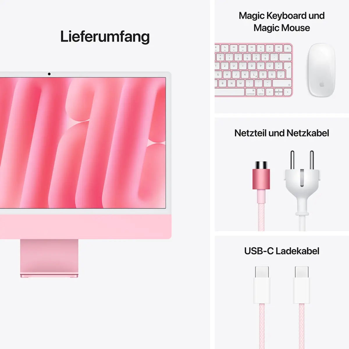 iMac rose mit Retina 4.5k Display Nanotexturglas Apple M4 10C 61cm (24") 24GB RAM 2TB SSD Gigabit Ethernet Magic Mouse 2 + Magic Keyboard mit TouchID und Ziffernblock Deutsch