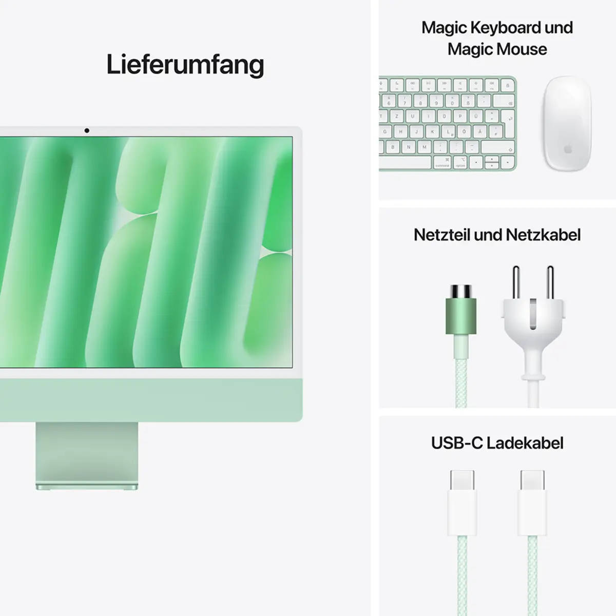 iMac grün mit Retina 4.5k Display Standardglas Apple M4 10C 61cm (24") 16GB RAM 256GB SSD Gigabit Ethernet Magic Mouse 2 + Magic Keyboard mit TouchID und Ziffernblock Deutsch