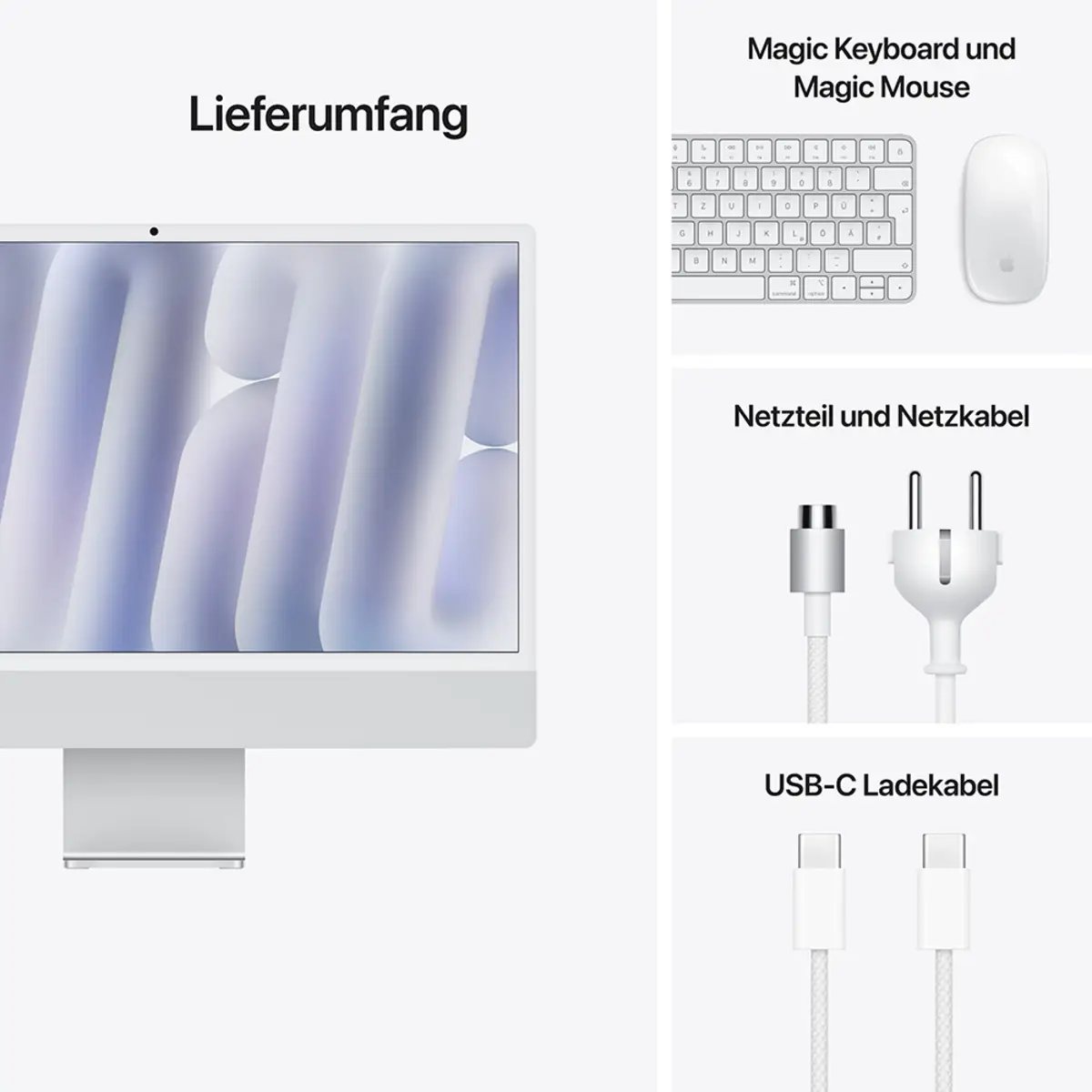 iMac silber mit Retina 4.5k Display Nanotexturglas Apple M4 10C 61cm (24") 24GB RAM 2TB SSD Gigabit Ethernet Magic Mouse 2 + Magic Keyboard mit TouchID und Ziffernblock Deutsch