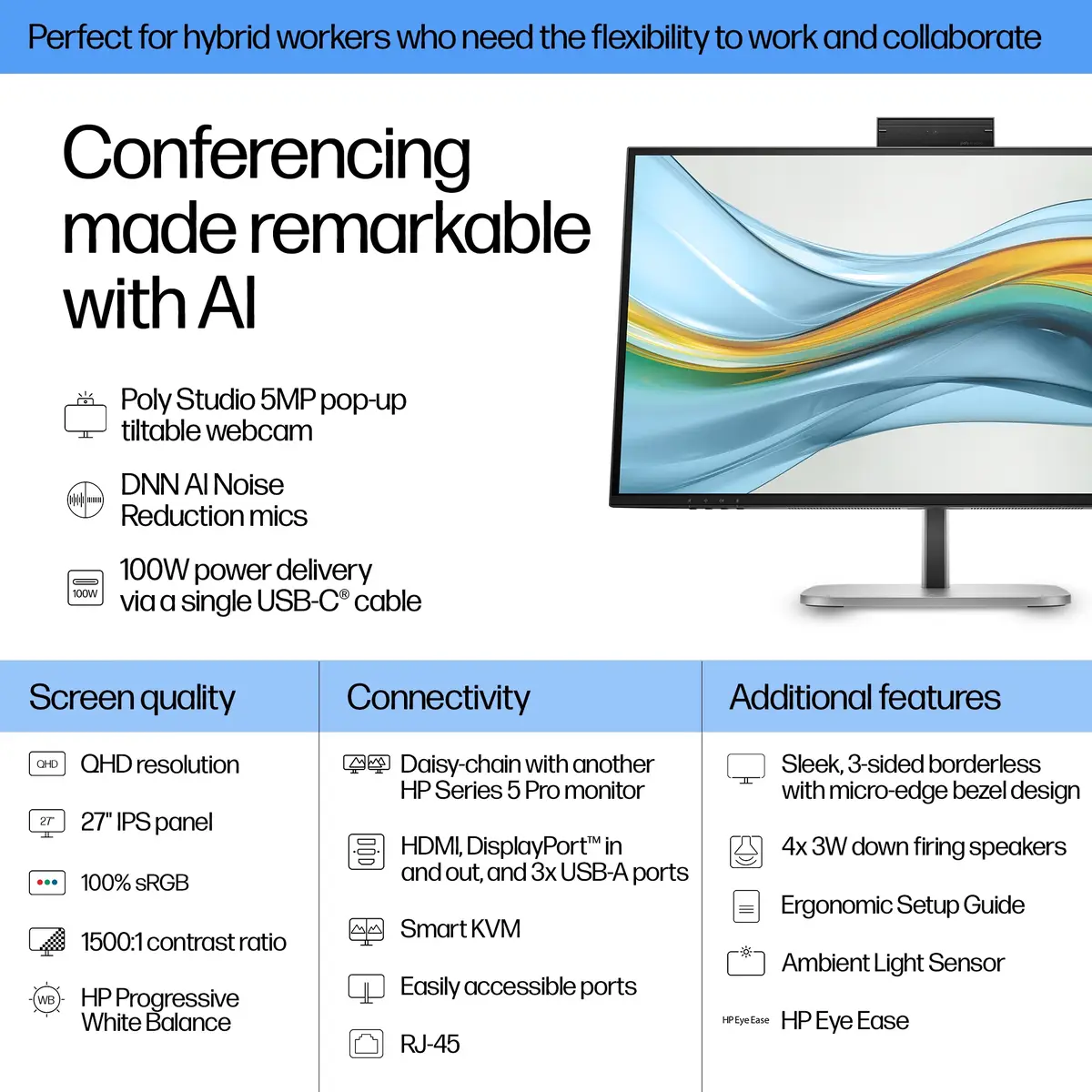 Series 5 Pro Serie 5 Pro 27-Zoll-QHD-USB-C-Konferenzmonitor – 527pm, 68,6 cm (27"), 2560 x 1440 Pixel, Quad HD, LCD, 5 ms, Schwarz