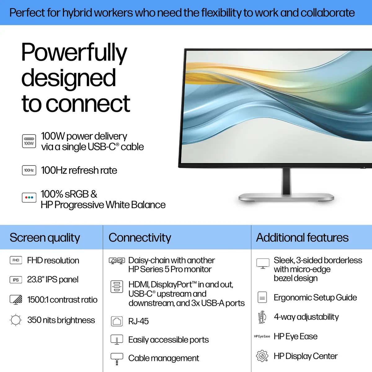 Series 5 Pro Serie 5 Pro 23,8-Zoll-FHD-USB-C-Monitor – 524pu, 60,5 cm (23.8"), 1920 x 1080 Pixel, Full HD, LCD, 5 ms, Schwarz, Silber