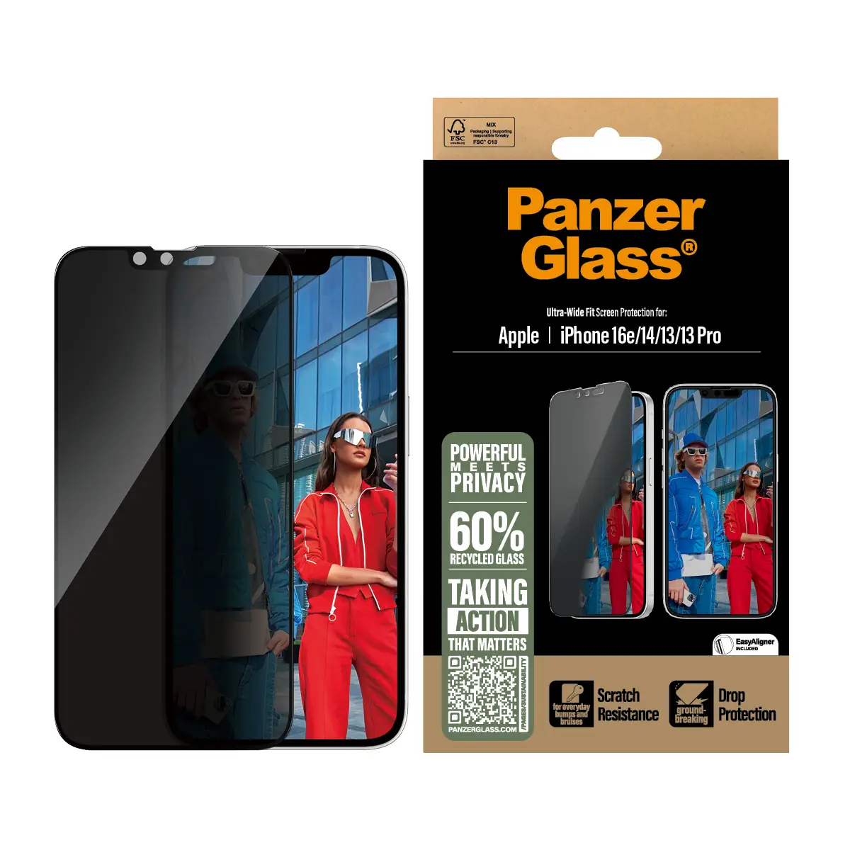 Bildschirmschutz für iPhone 13/13 Pro/14/16e Ultra-Wide Fit mit EasyAligner mit Sichtschutzfilter