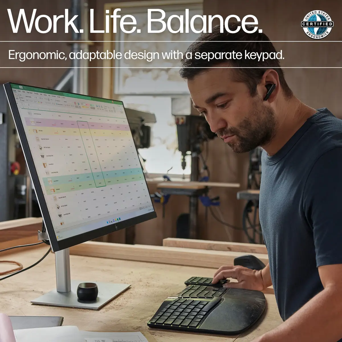 965 BLK Ergonomic Wireless Keyboard, Volle Größe (100%), Kabellos, RF Wireless + Bluetooth, Membran Key Switch, Schwarz
