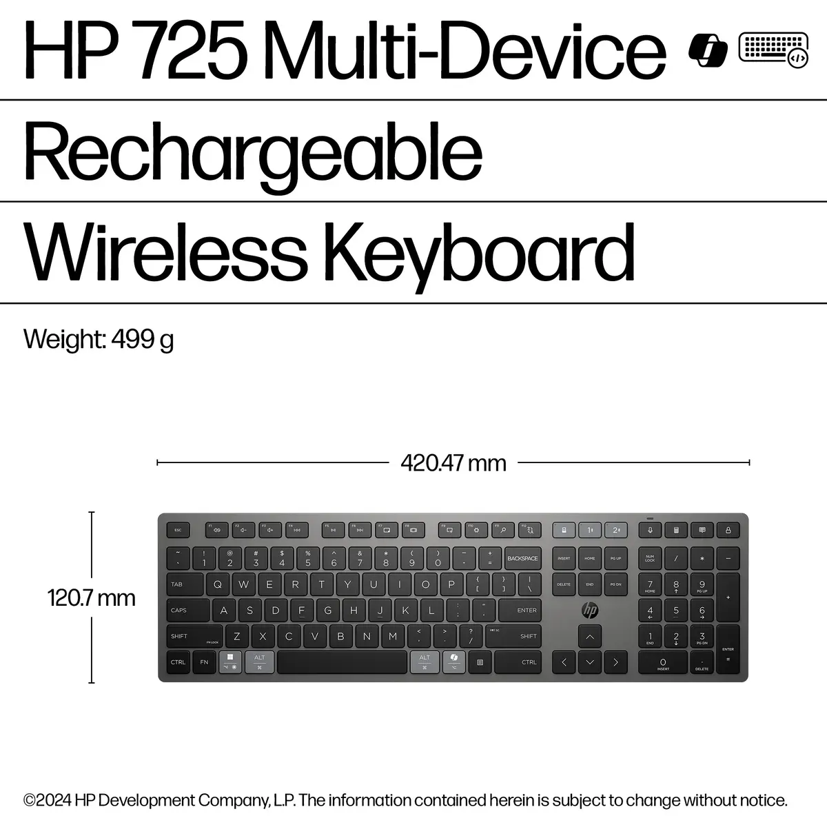 725 Kabellose Tastatur für mehrere Geräte, Volle Größe (100%), Kabellos, RF Wireless + Bluetooth, Grau