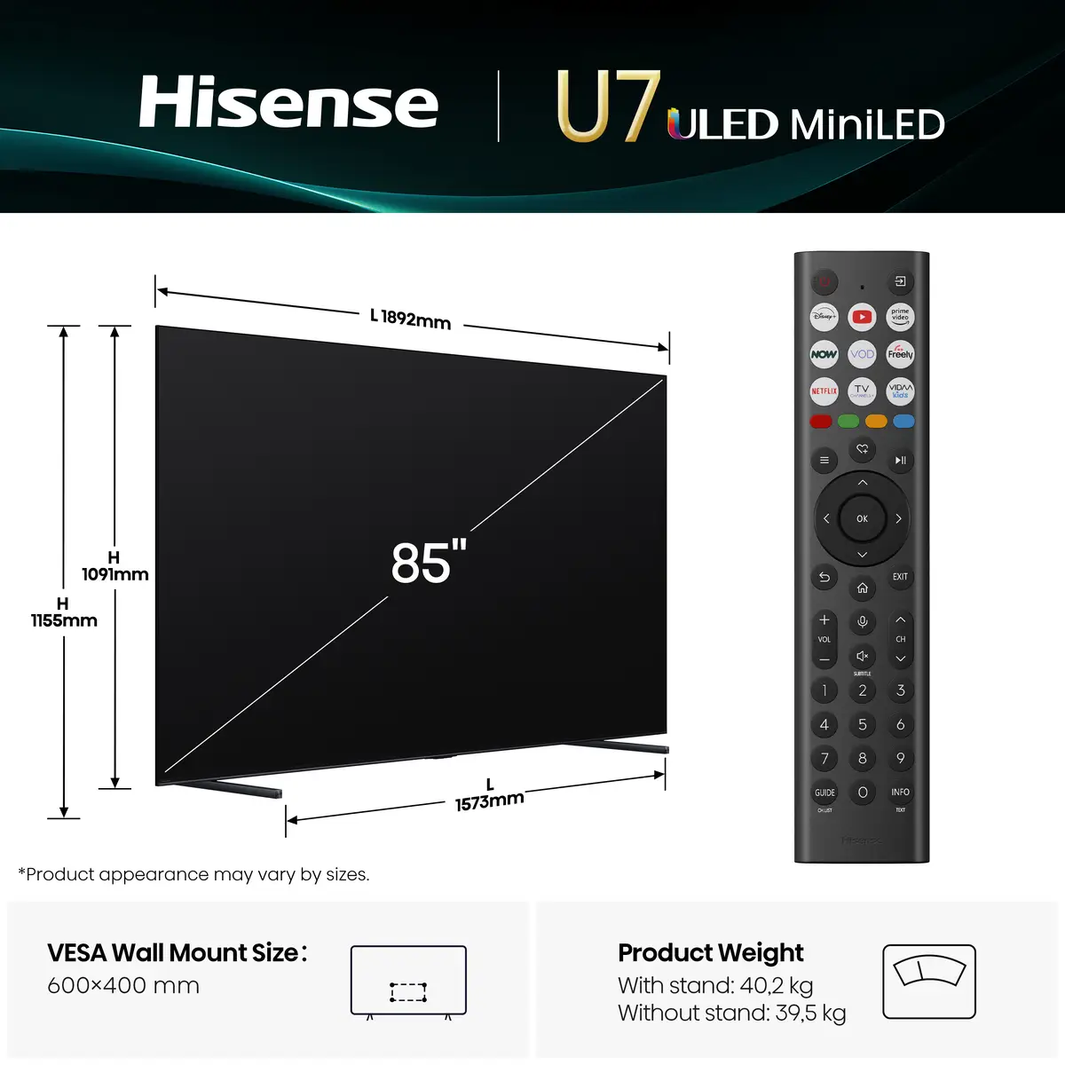Mini Smart-TV 85U7Q215 cm 85" 3840x21604K UHD 144Hz HDR10+ Dolby Atmos DTS Virtual X-Decodierung VIDAA Smart OS Serie:U7Q