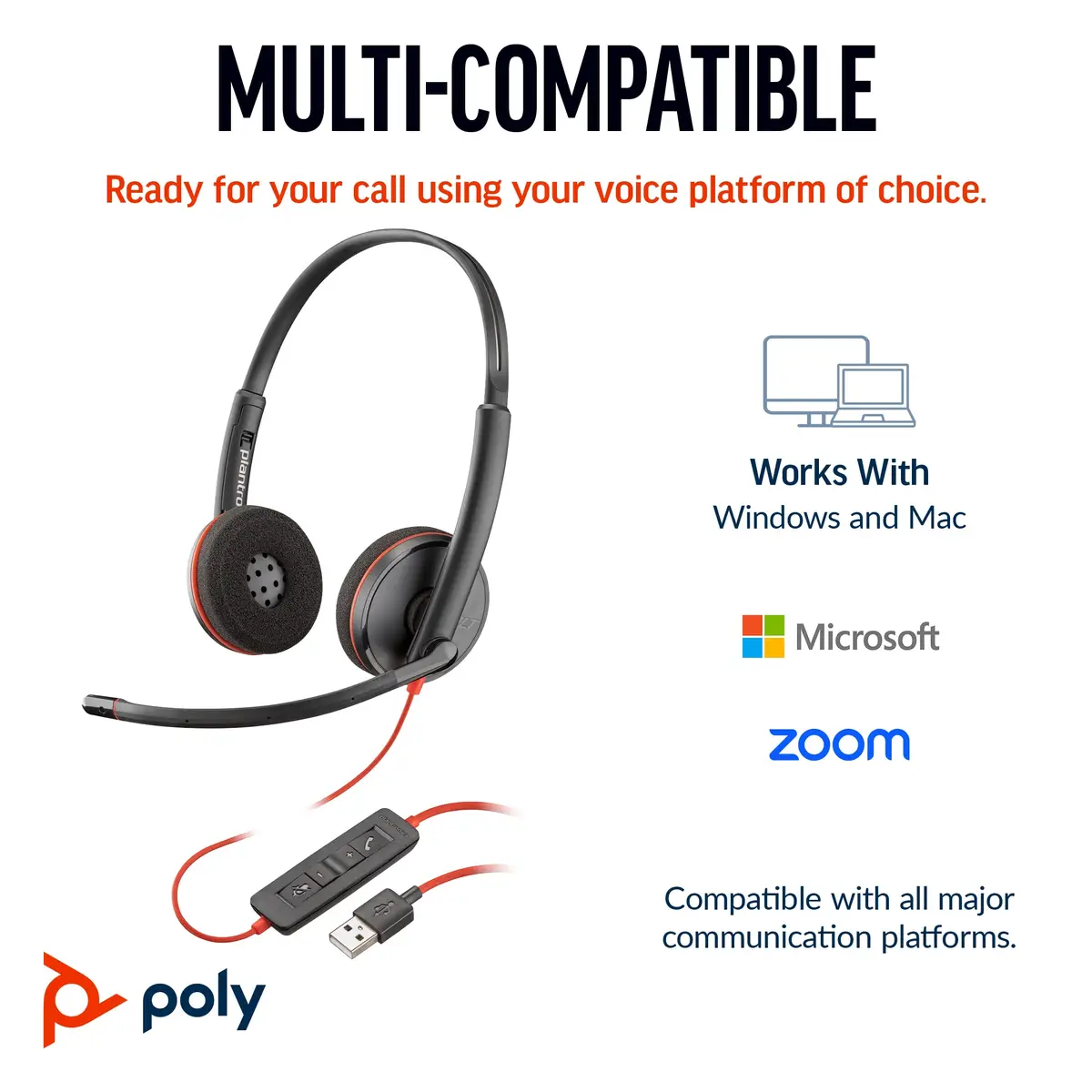 POLY Blackwire C3220 Kopfhörer Kabelgebunden Kopfband Anrufe/Musik USB Typ-C Schwarz, Rot