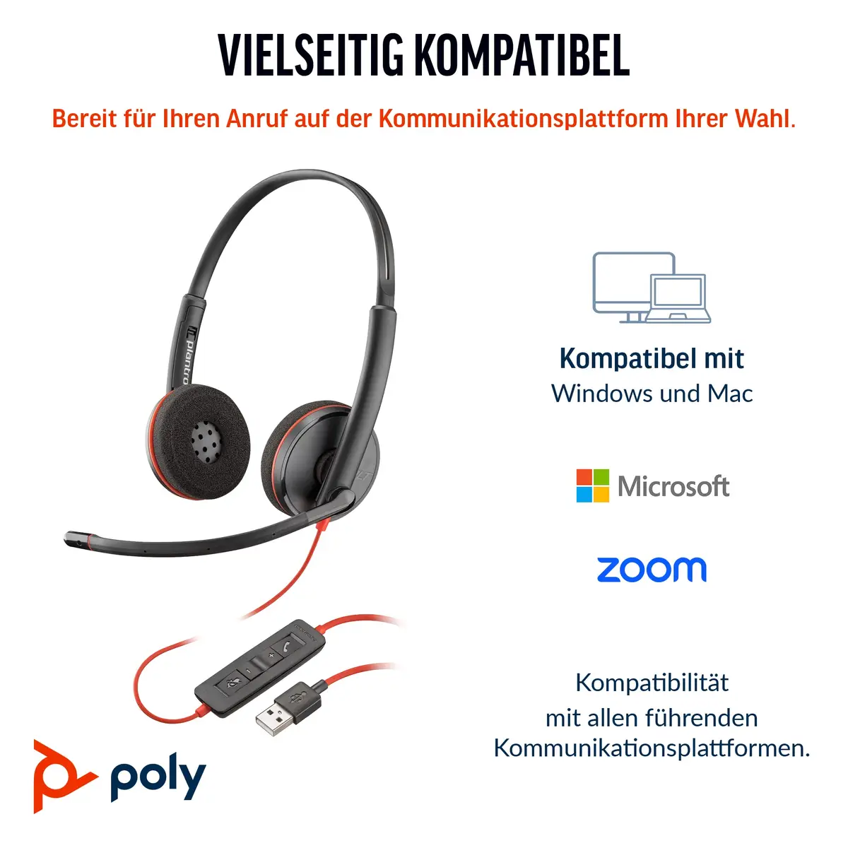 POLY Blackwire C3220 Kopfhörer Kabelgebunden Kopfband Anrufe/Musik USB Typ-C Schwarz, Rot