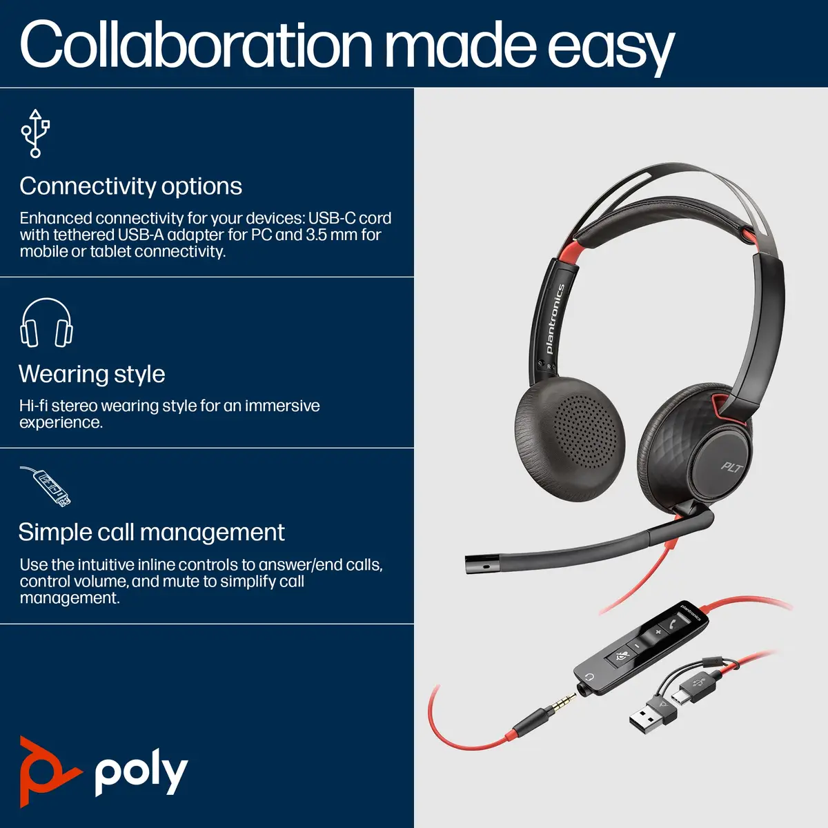 POLY Blackwire 5220 Kopfhörer Kabelgebunden Kopfband Anrufe/Musik USB Typ-C Schwarz, Rot