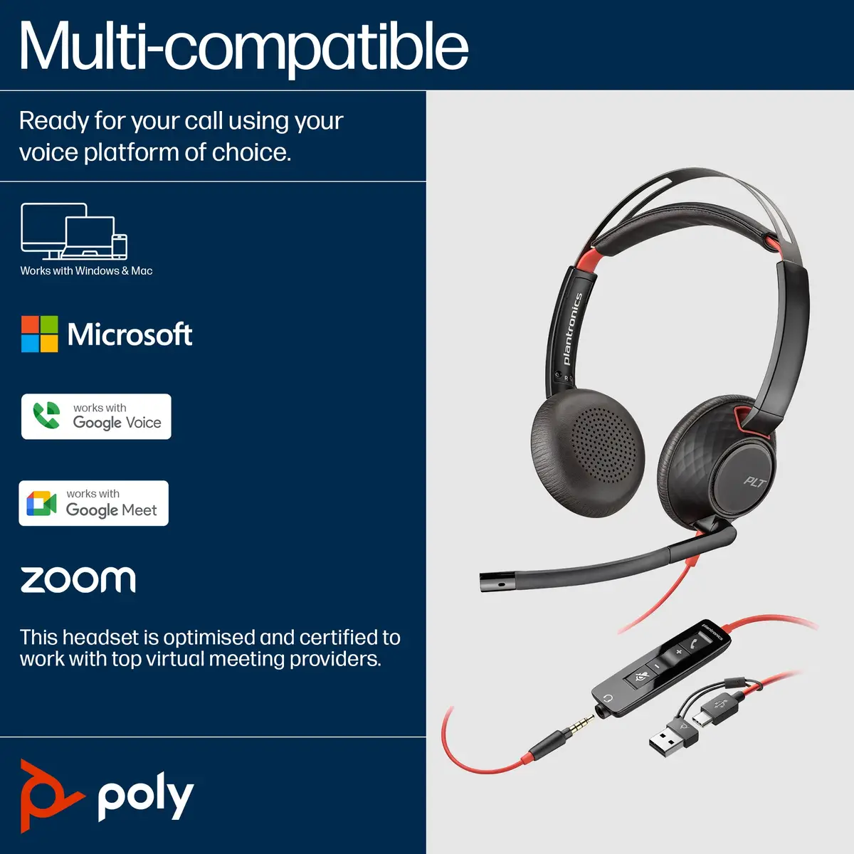 POLY Blackwire 5220 Kopfhörer Kabelgebunden Kopfband Anrufe/Musik USB Typ-C Schwarz, Rot