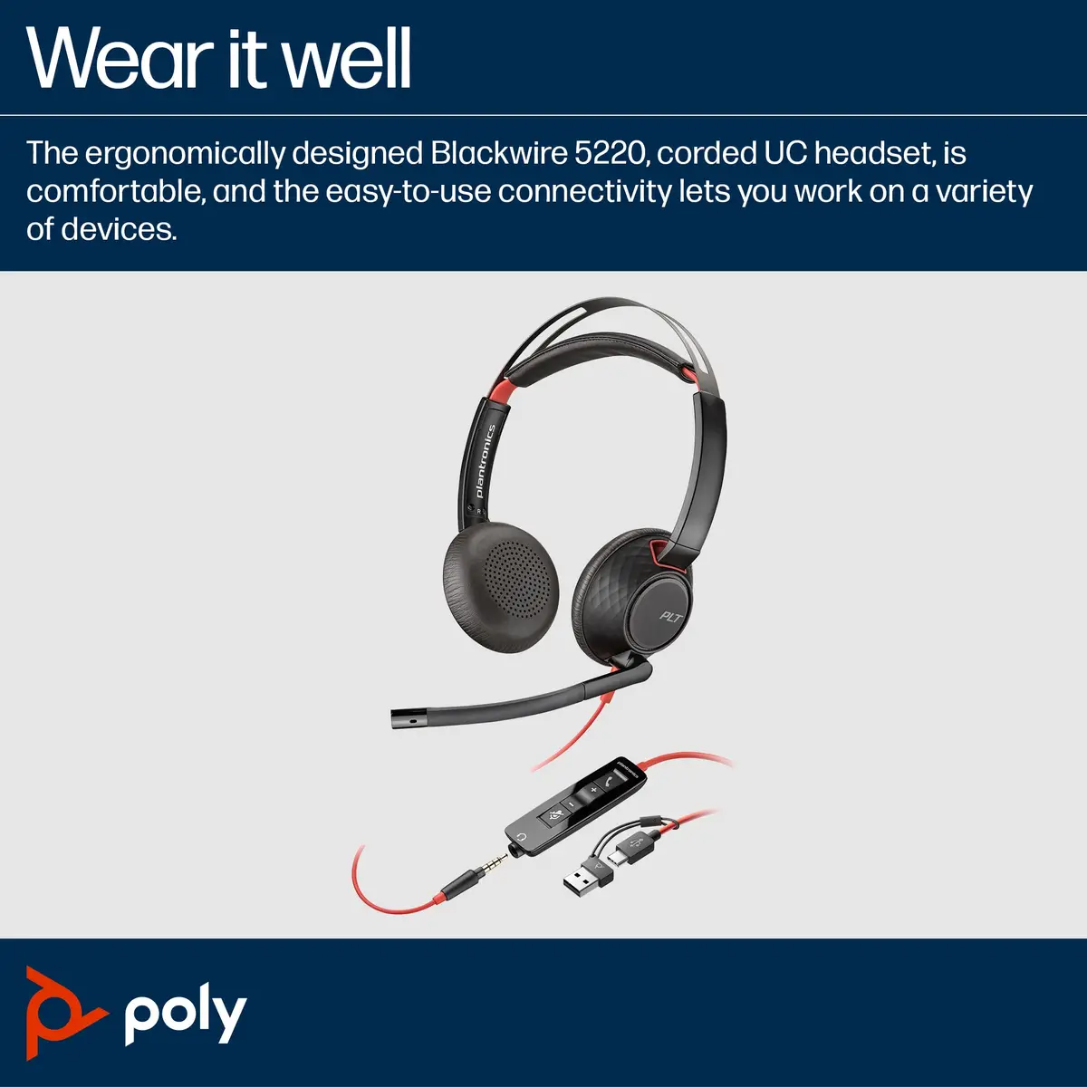POLY Blackwire 5220 Kopfhörer Kabelgebunden Kopfband Anrufe/Musik USB Typ-C Schwarz, Rot