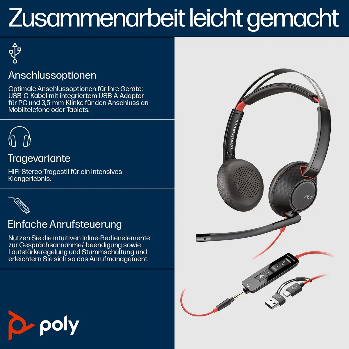 POLY Blackwire 5220 Kopfhörer Kabelgebunden Kopfband Anrufe/Musik USB Typ-C Schwarz, Rot