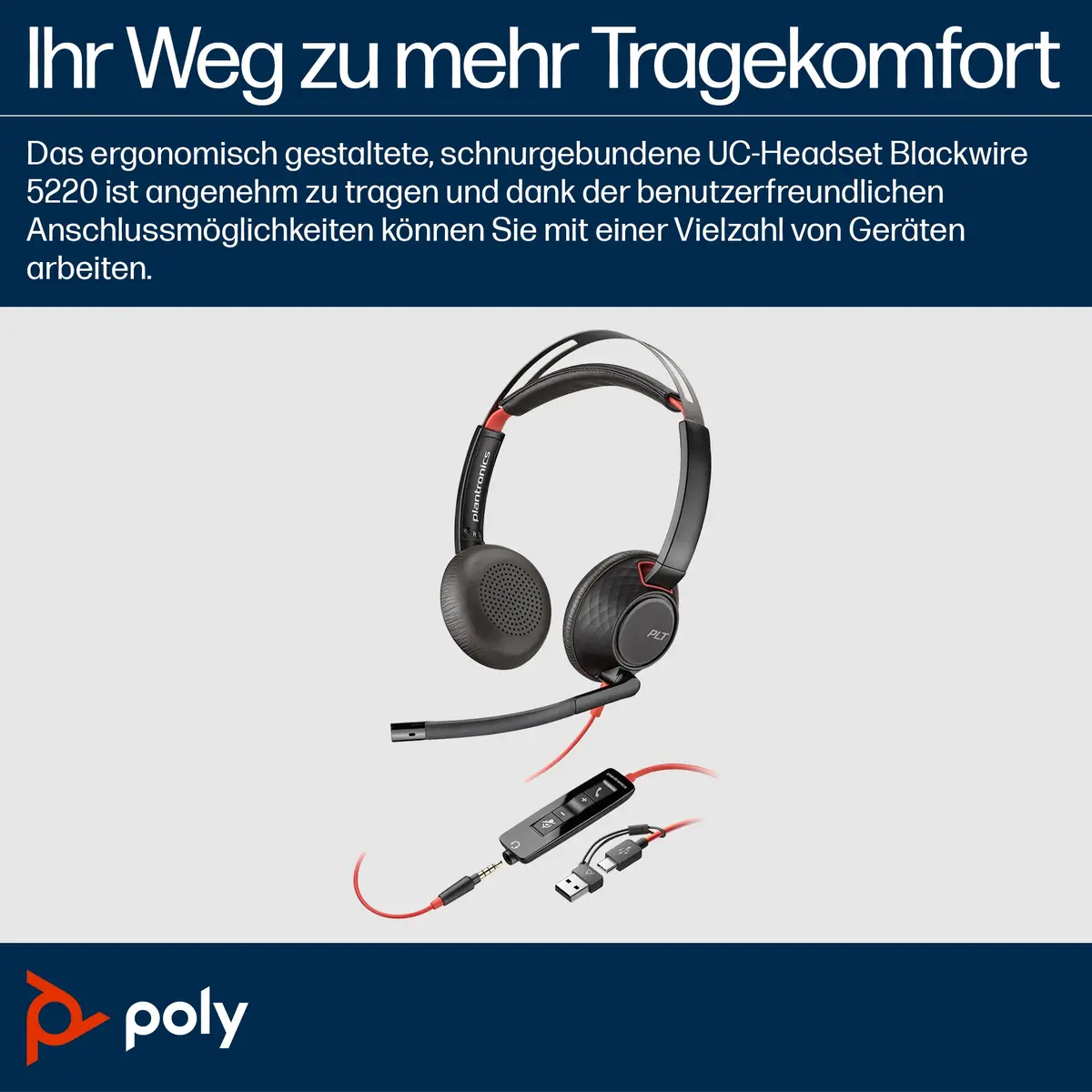POLY Blackwire 5220 Kopfhörer Kabelgebunden Kopfband Anrufe/Musik USB Typ-C Schwarz, Rot