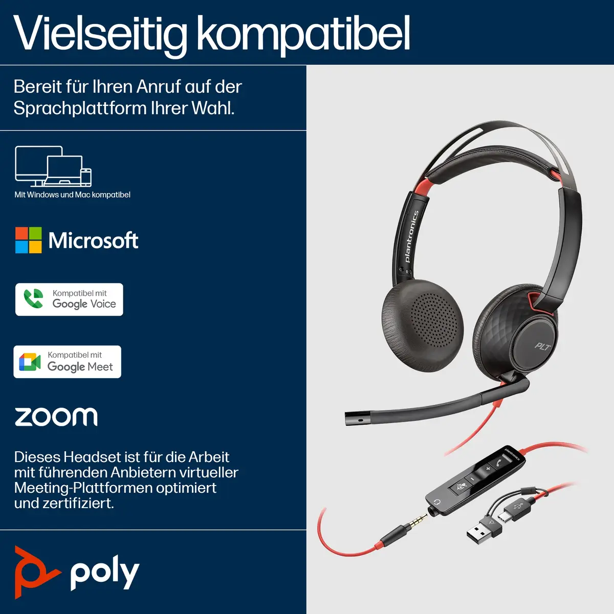 POLY Blackwire 5220 Kopfhörer Kabelgebunden Kopfband Anrufe/Musik USB Typ-C Schwarz, Rot